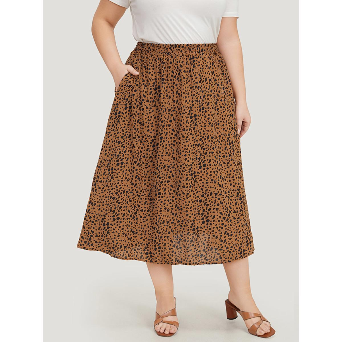 Plus Size Leopard Print Pocket Shirred Waist Skirt Women Leopard Elegant Pocket No stretch Pocket Dailywear Skirts BloomChic 26/4X Product Image