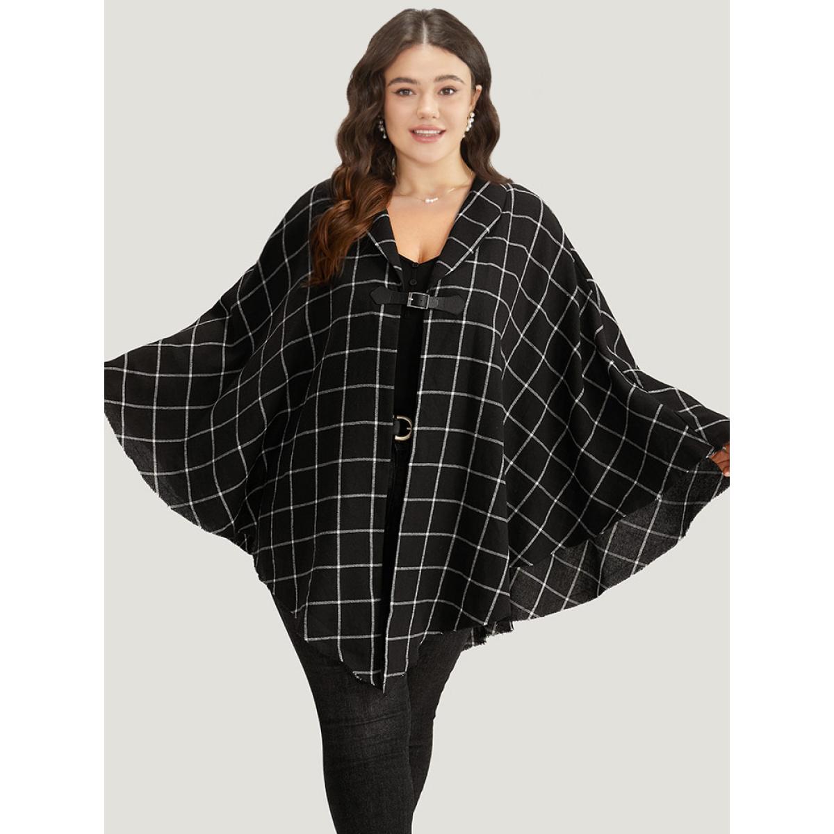 Plus Size Plaid Buckle Detail Cape Kimono Women Black Casual Contrast Loose Dailywear Kimonos BloomChic 22-24/3X Product Image