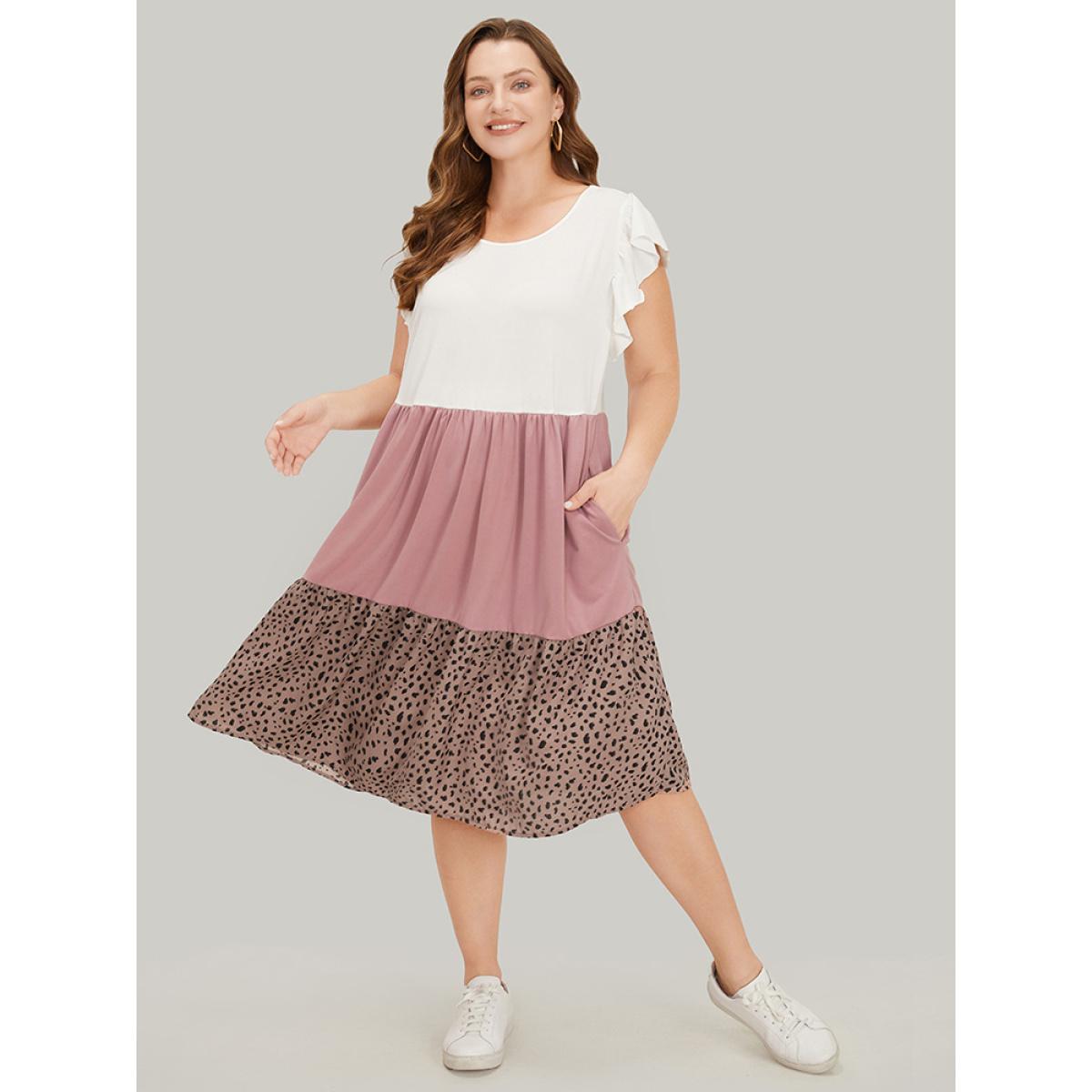 Plus Size Leopard Contrast Ruffle Trim Pocket Layered Hem Dress Multicolor Women Casual Patchwork Round Neck Cap Sleeve Curvy Midi Dress BloomChic 26/4X Product Image