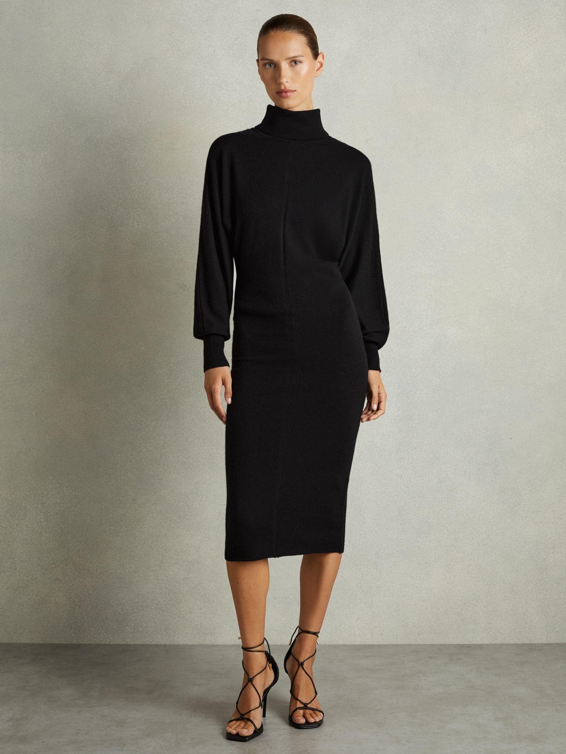 Roll-Neck Knitted Midi Dress With Cashmere in Black Product Image
