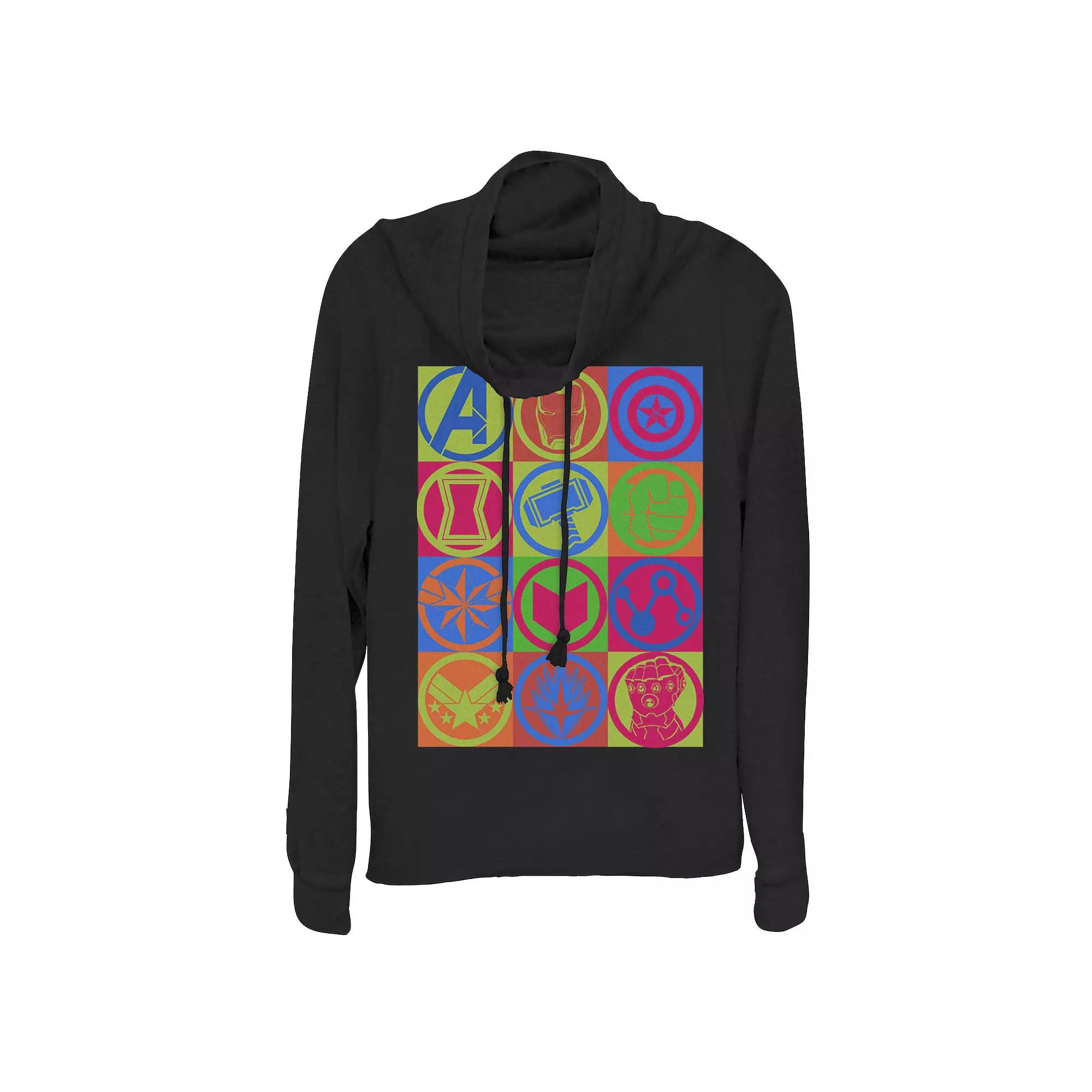 Juniors' Marvel Avengers: Endgame Colorful Symbol Box Up Cowlneck Graphic Lightweight Long Sleeve, Girl's,  Product Image