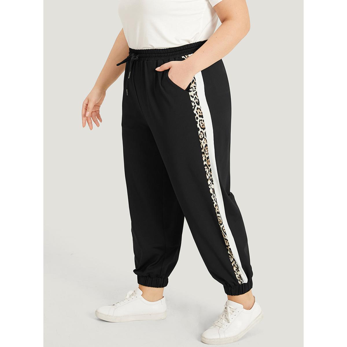 Patchwork Leopard Pocket Drawstring Elastic Waist Sweatpants Black Plus Size Women Casual Dailywear Patchwork 12/L Bloomchic Product Image