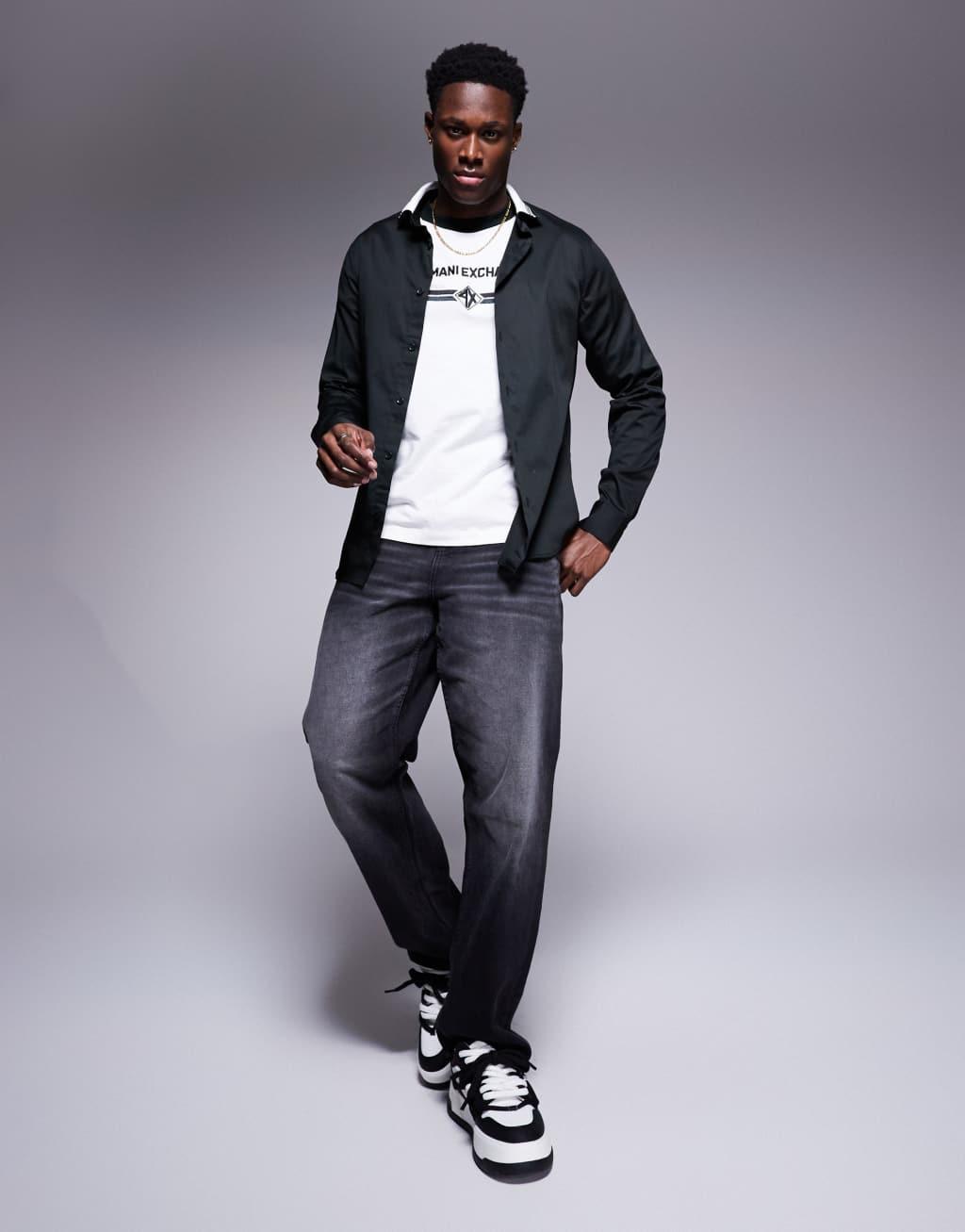 Armani Exchange shirt with contrast stripe collar in black Product Image