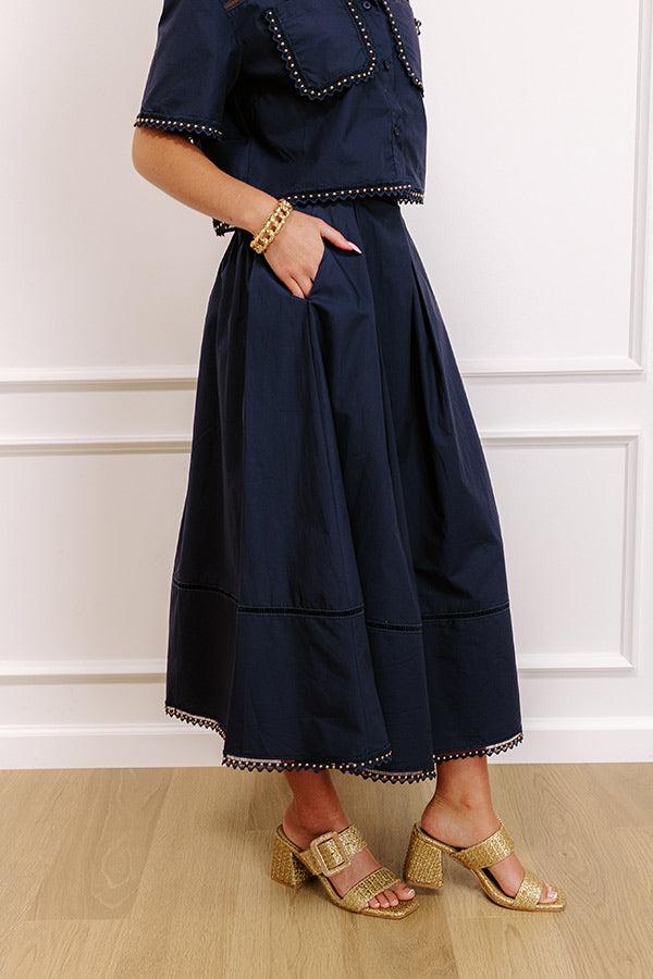 Courtyard Brunch High Waist Midi Skirt in Navy Product Image