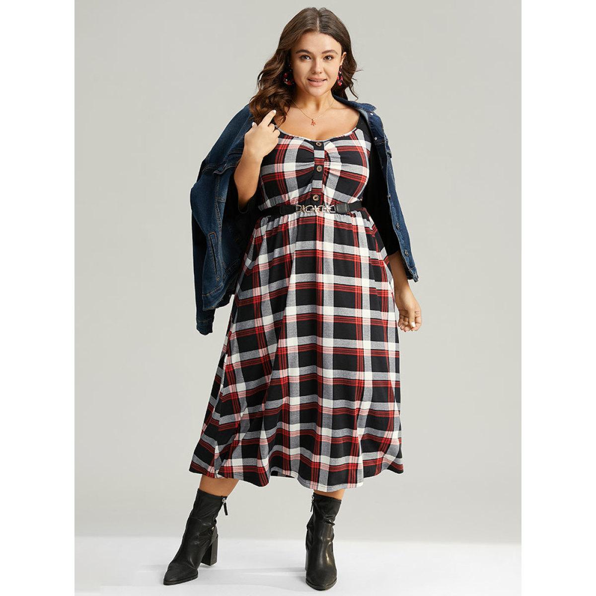 Plus Size Christmas Plaid Patchwork Pleated Square Neck Dress Red Women Office Printed Square Neck Elbow-length sleeve Curvy Midi Dress BloomChic 14-16/1X Product Image
