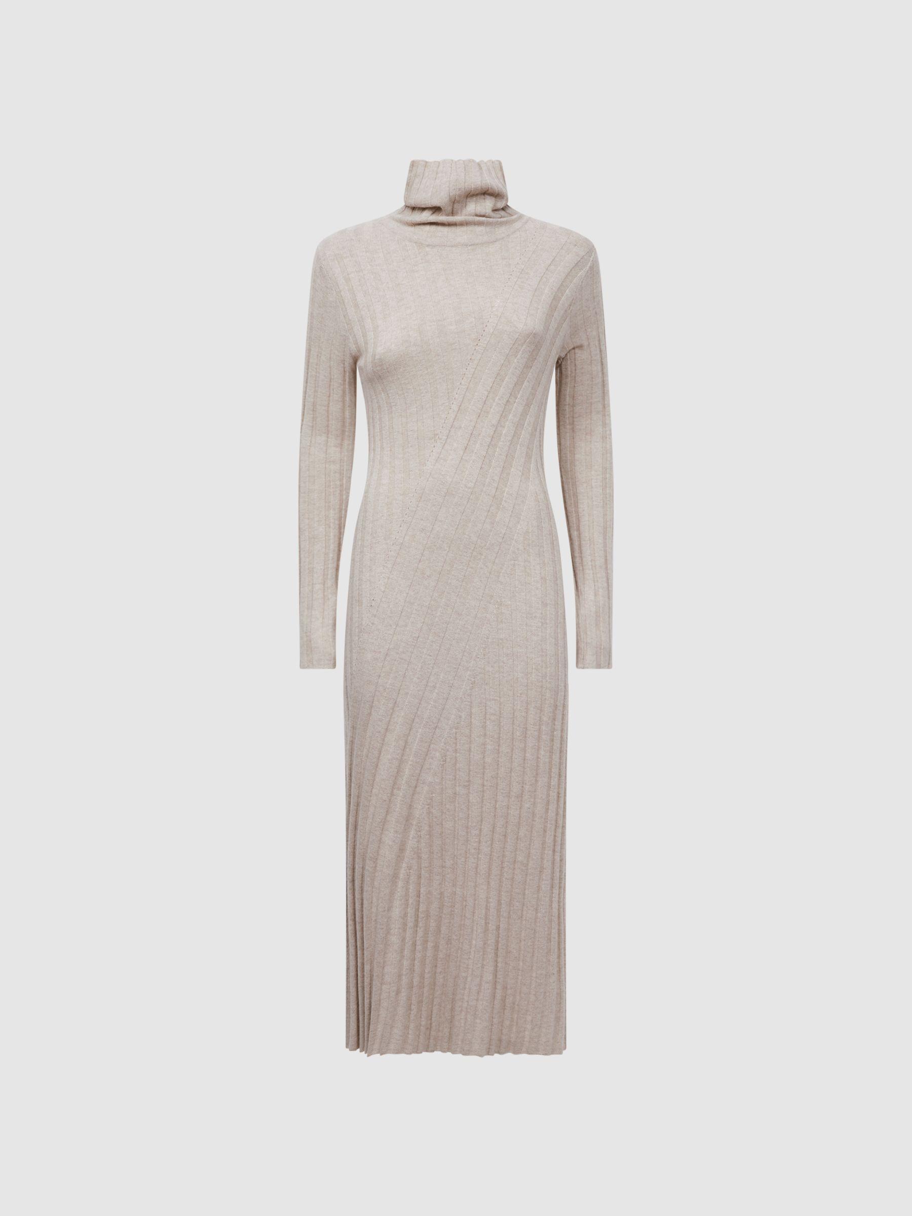 Knitted Roll Neck Midi Dress in Neutral Product Image