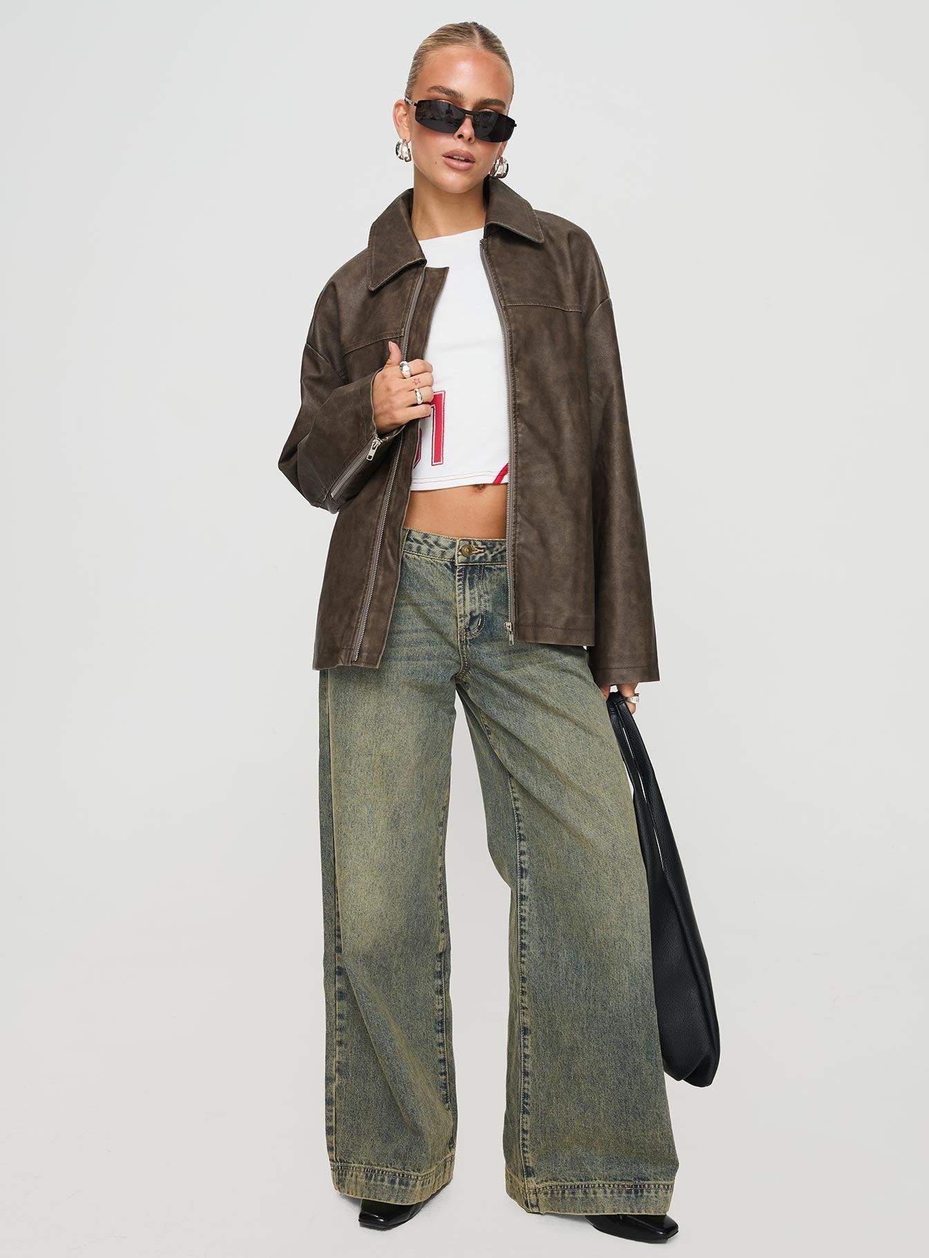 Faux Leather Collared Dad Jacket Washed Brown Product Image