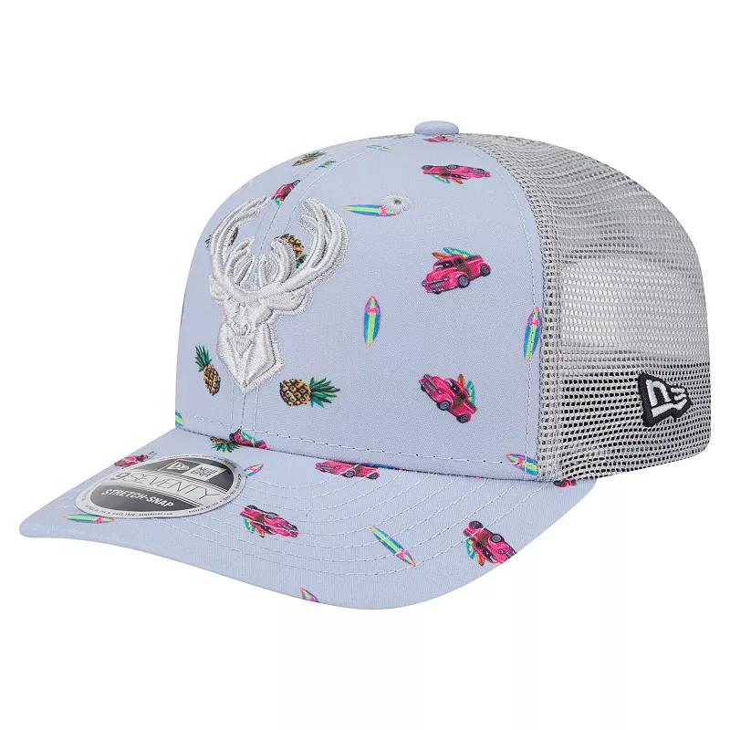 Men's New Era Light Blue/Gray Milwaukee Bucks Adventure Aloha Pattern 9SEVENTY Stretch-Snap Hat Product Image