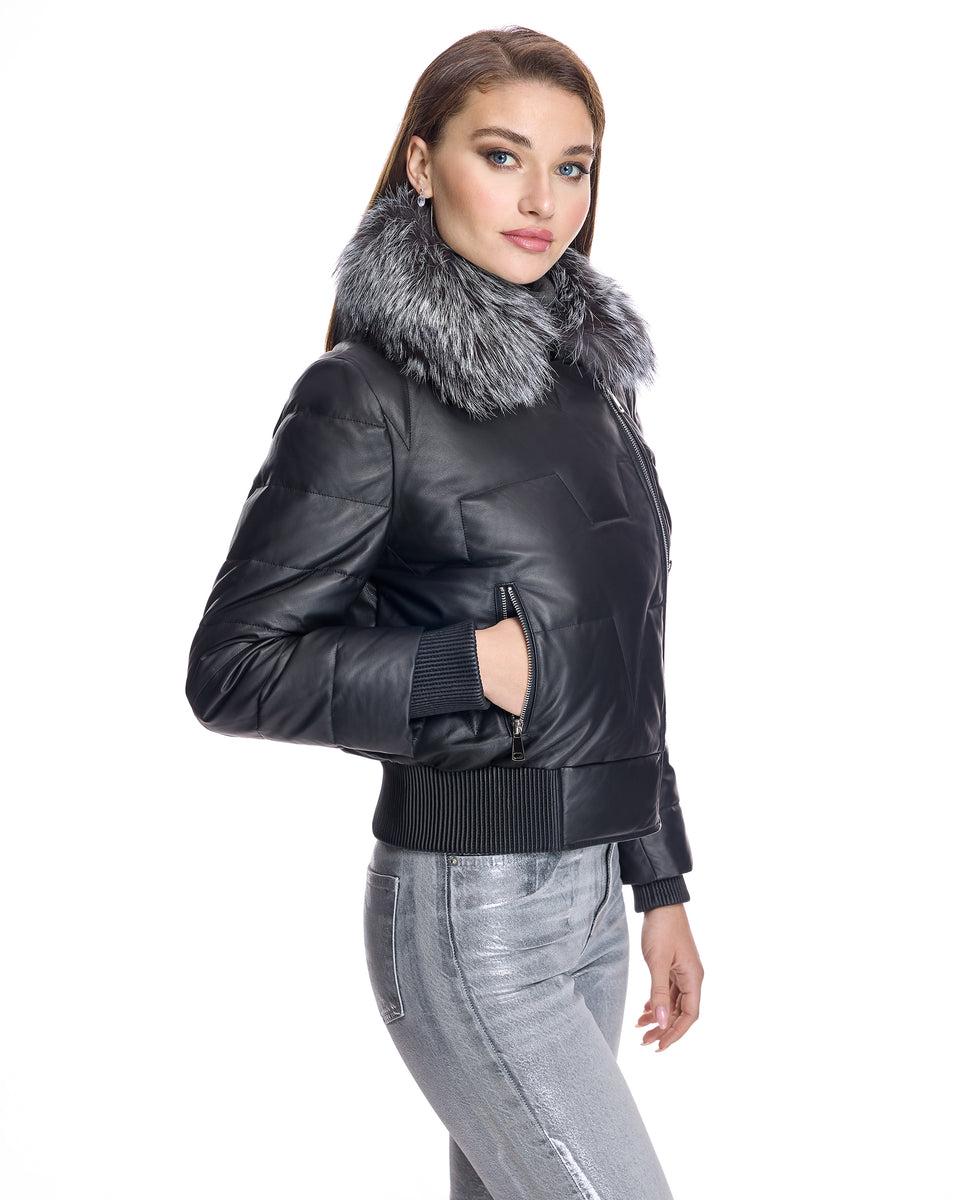 Leather Bomber Jacket With Silver Fox Collar Product Image