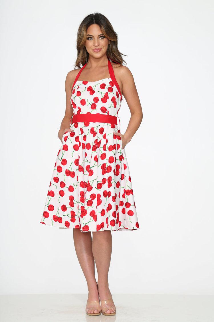 White Red Cherry Halter Swing Dress Product Image