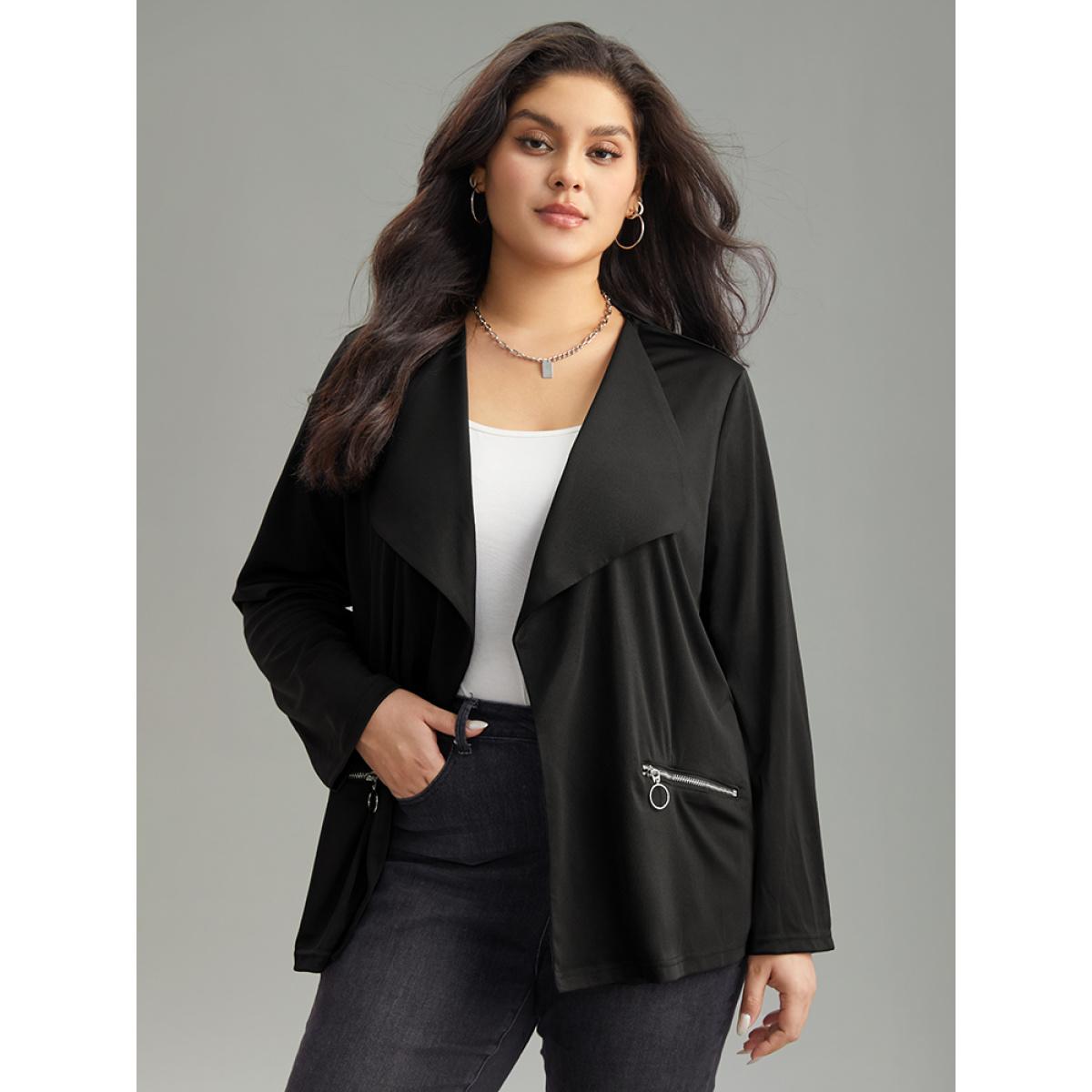 Plus Size Lapel Collar Zipper Pocket Blazer Black Women Dailywear Zipper Sleeve Long Sleeve Non 28/5X Pocket Casual Blazers BloomChic Product Image