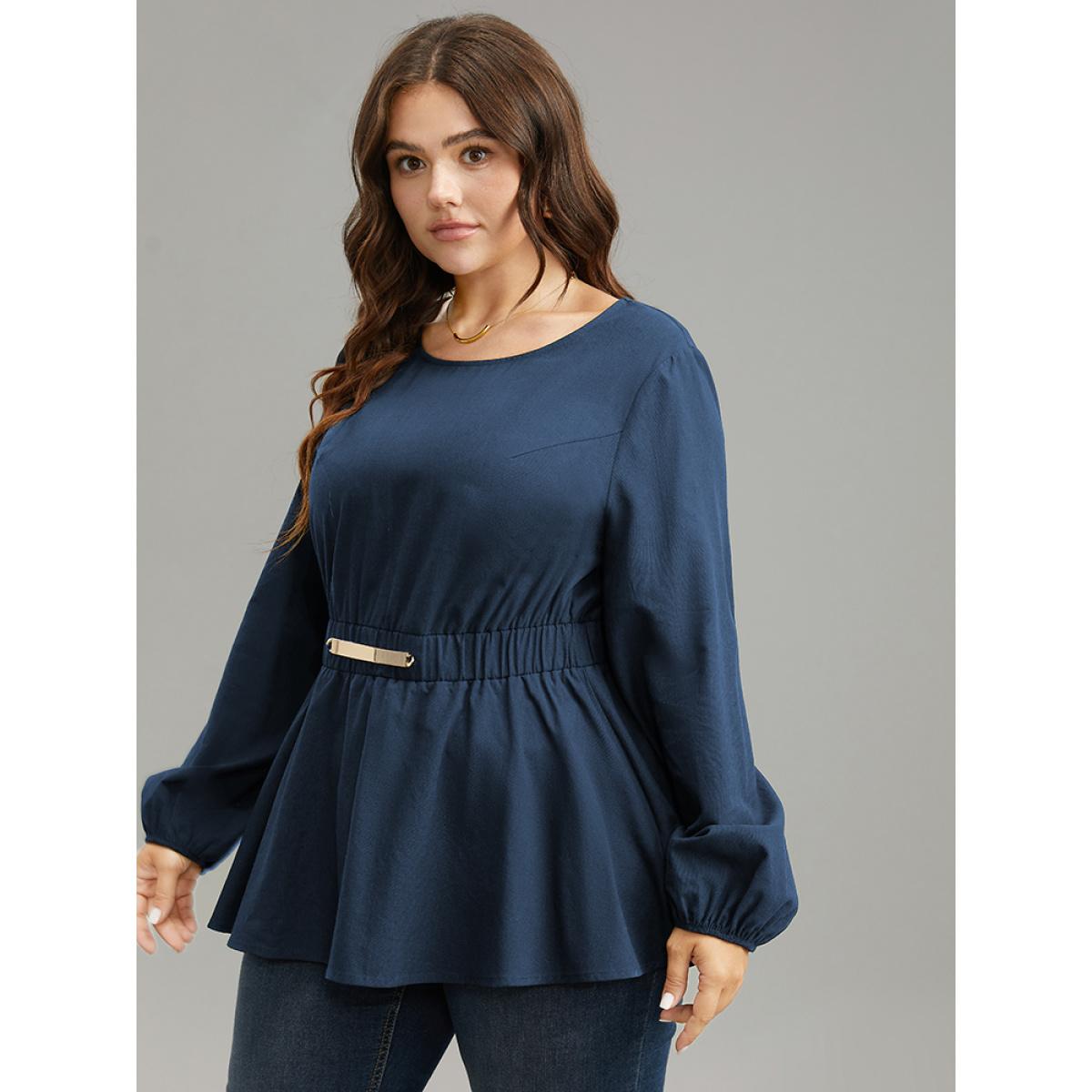 Plus Size Indigo Cotton Solid Metal Detail Lantern Sleeve Blouse Women Office Long Sleeve Round Neck Office Blouses BloomChic 14-16/1X Product Image
