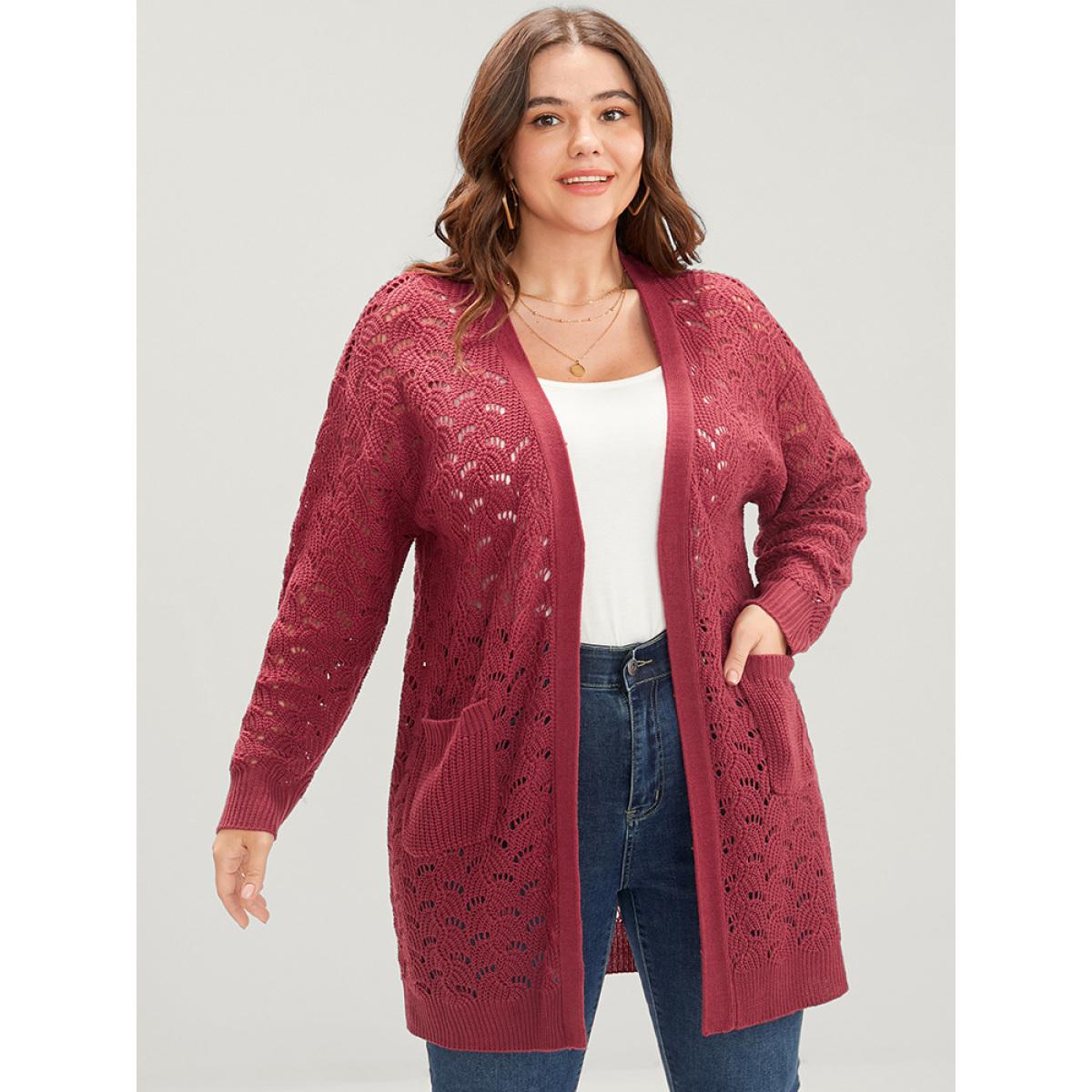 Plus Size Plain Pointelle Knit Cut Out Pocket Open Front Mid Long Cardigan Burgundy Women Casual Loose Long Sleeve Dailywear Cardigans BloomChic 22-24/3X Product Image