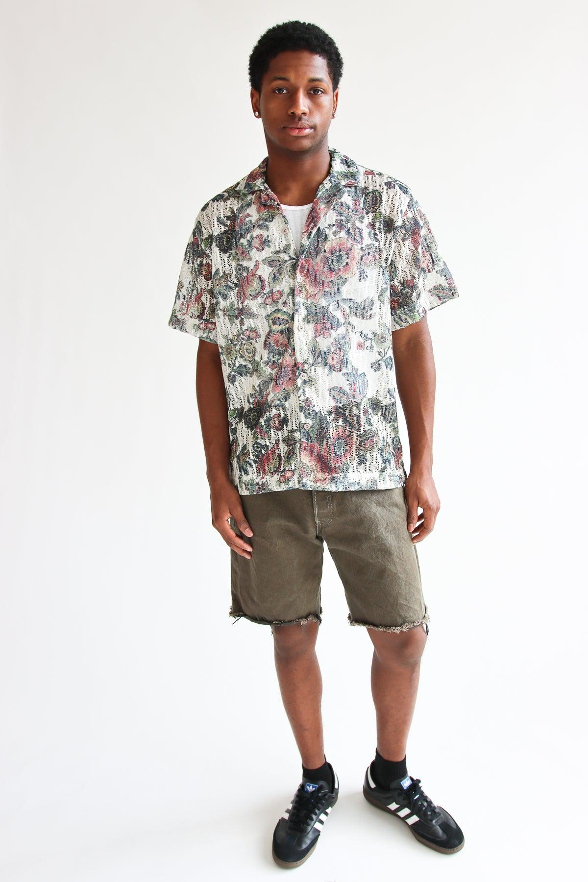 Printed Floral Open Knit Button Up Shirt Product Image