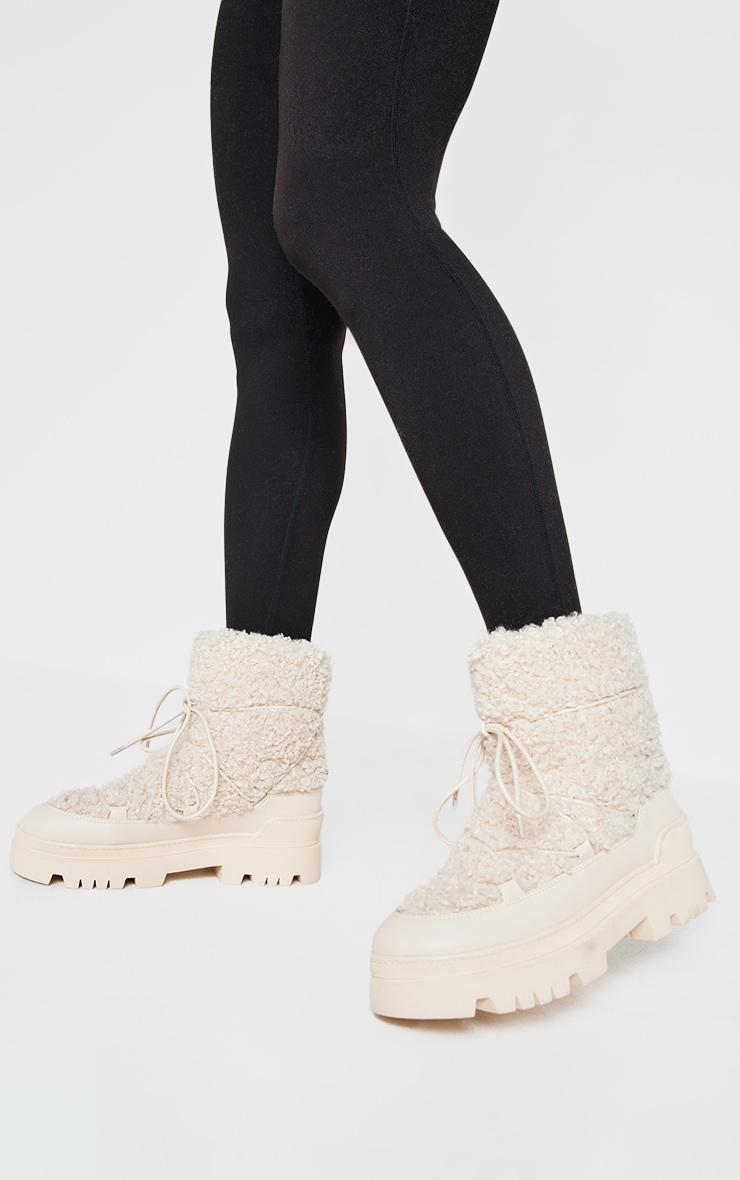Cream Borg Round Toe Chunky Sole Ankle Boots Product Image