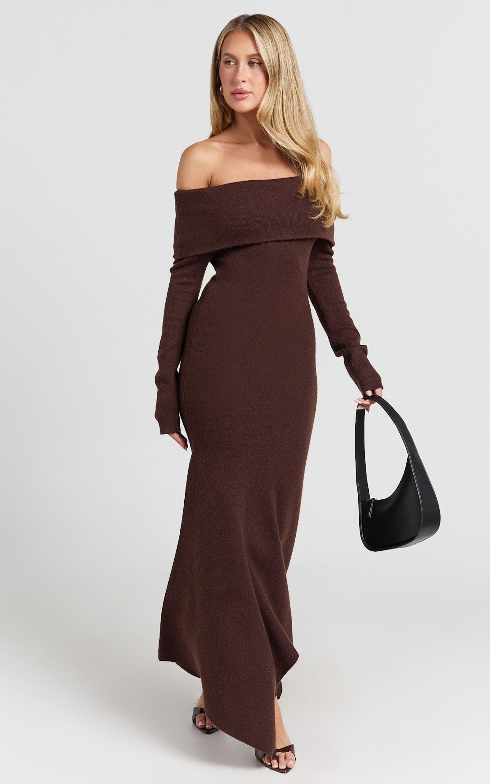 Karina Midi Dress - Long Sleeve Folded Off Shoulder Asymmetric Dress in Chocolate Product Image
