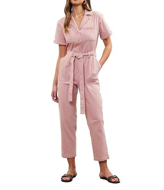 Skies Are Blue Washed Notch Collar Cuffed Short Sleeve Button Front Belted Utility Flight Suit Product Image