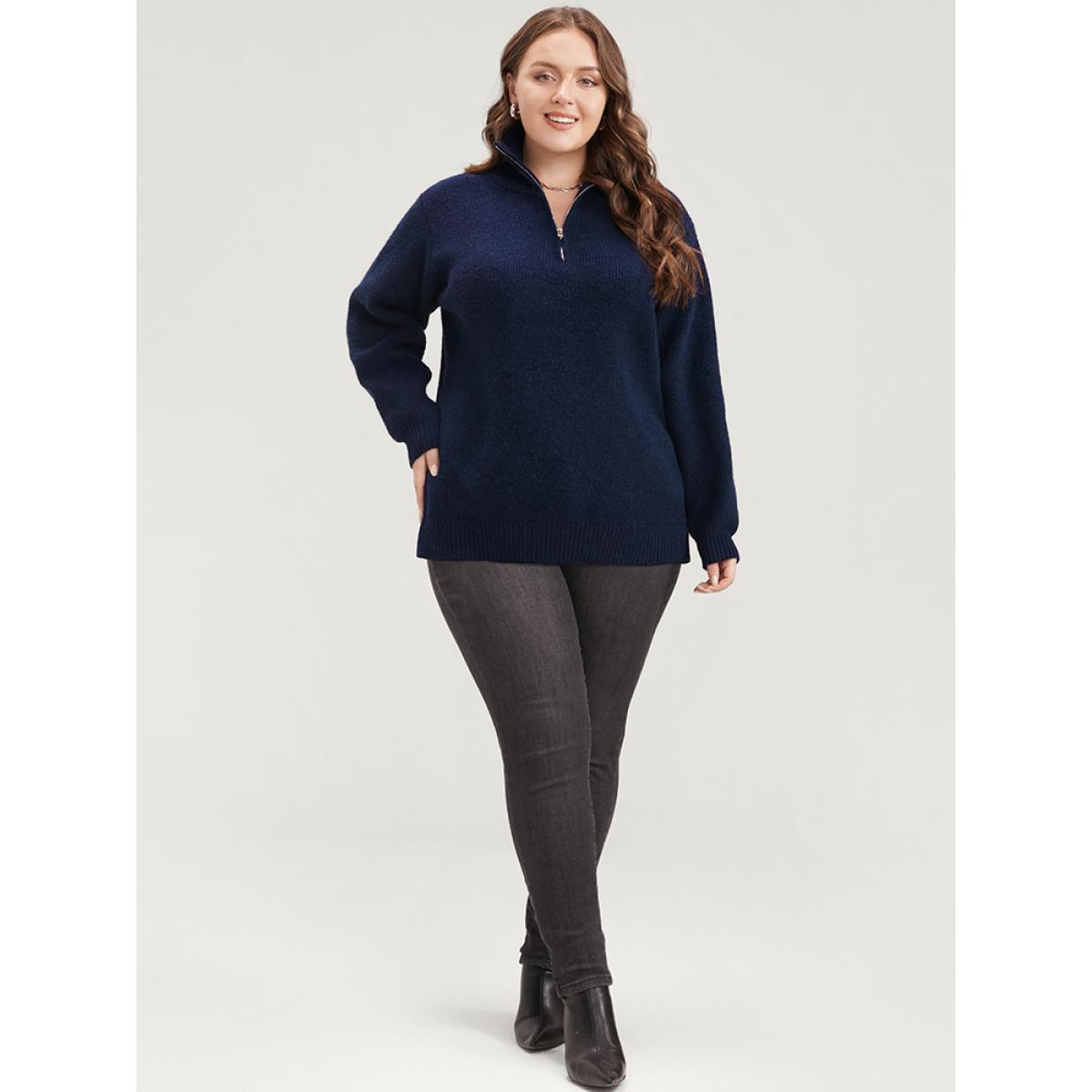 Plus Size Solid Super Soft Plush Knit Zip Neck Knit Top DarkBlue Women Casual Loose Long Sleeve Lapel Collar Dailywear Pullovers BloomChic 18-20/2X Product Image