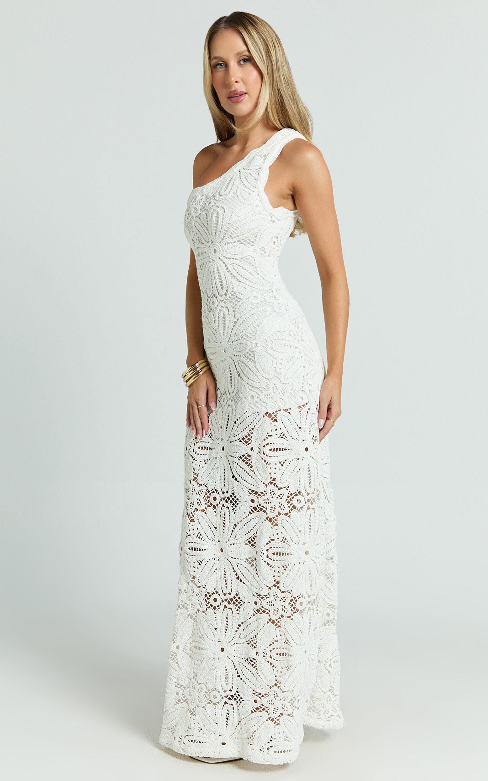 Charlene Maxi Dress - Crochet Knitted One Shoulder Maxi Dress in White Product Image