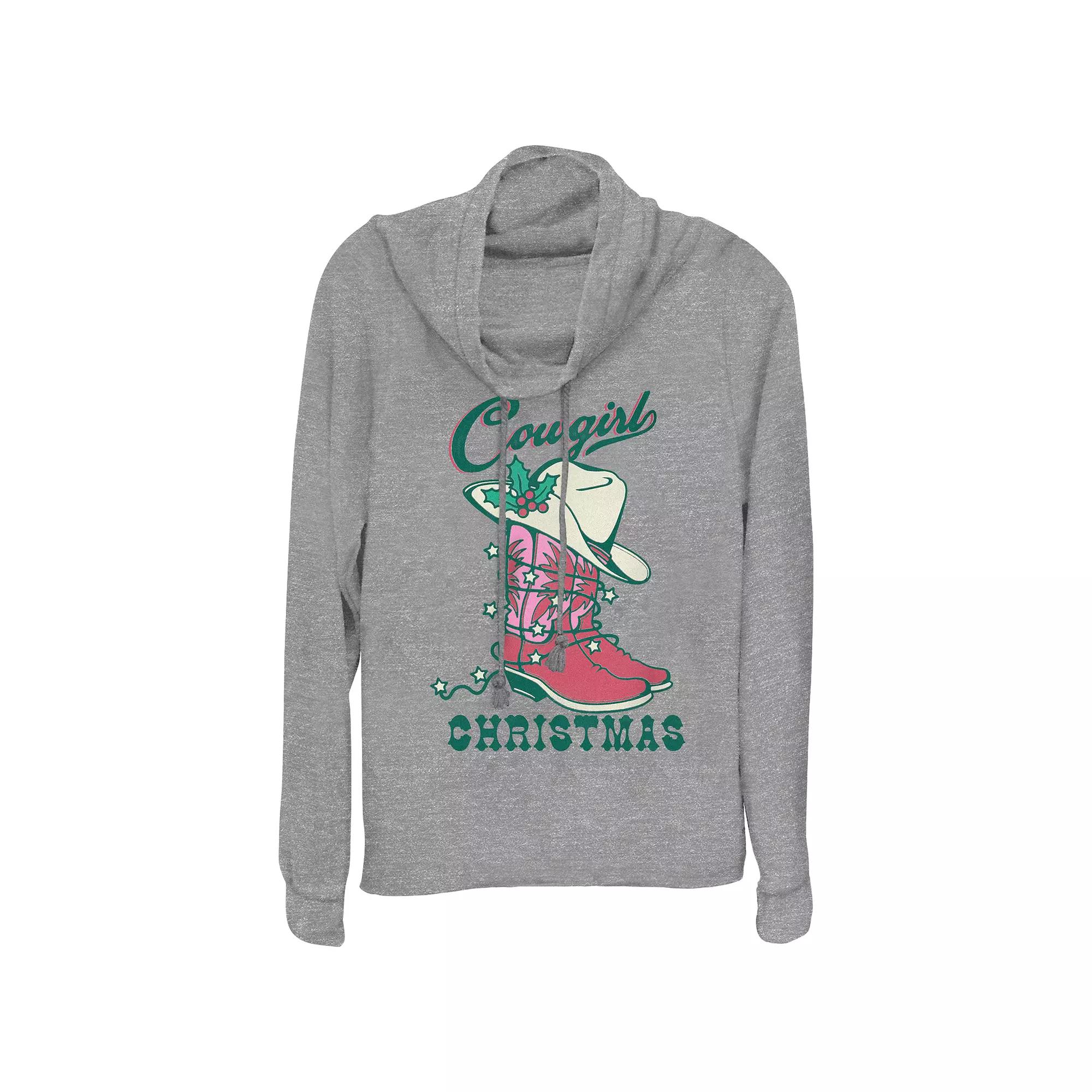 Women's Cowgirl Christmas Hat And Boots Cowlneck Graphic Lightweight Long Sleeve,  Product Image