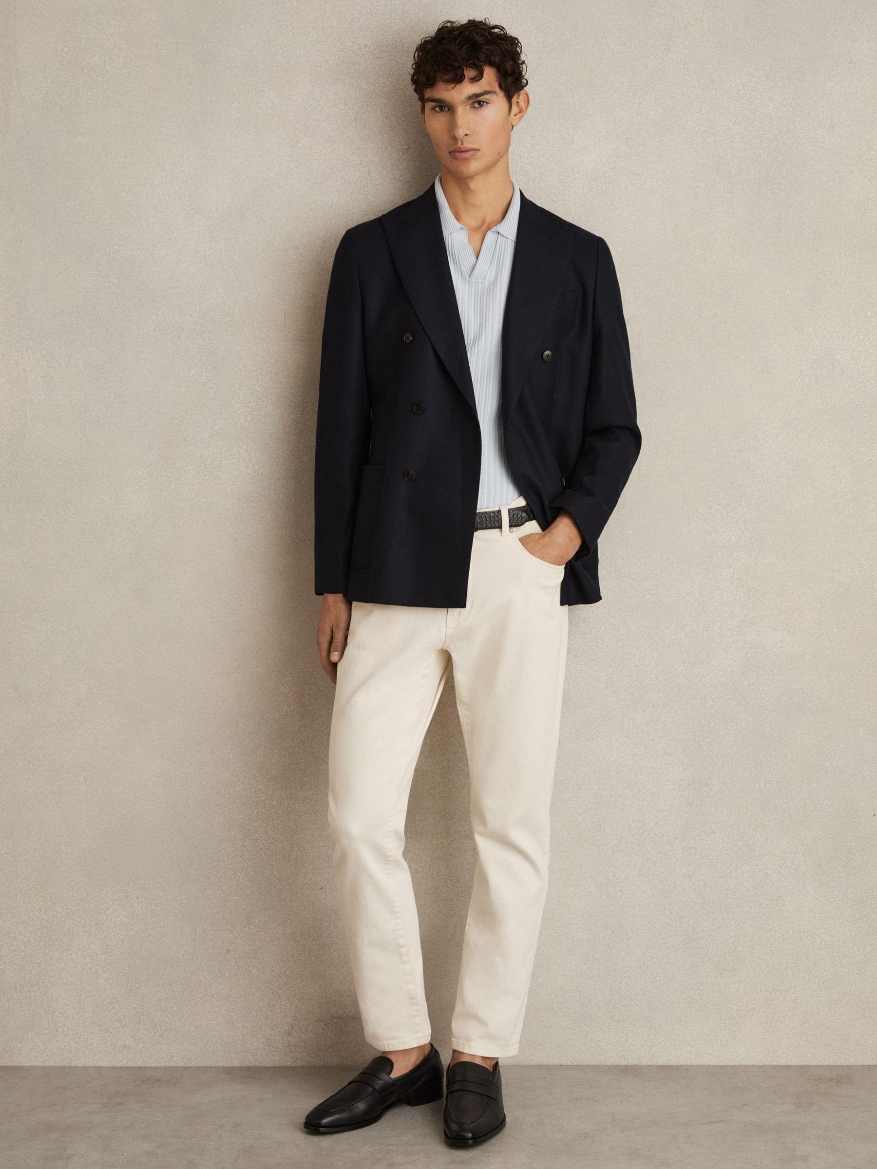 Open-Collar Textured Polo Shirt in Soft Blue/White Product Image