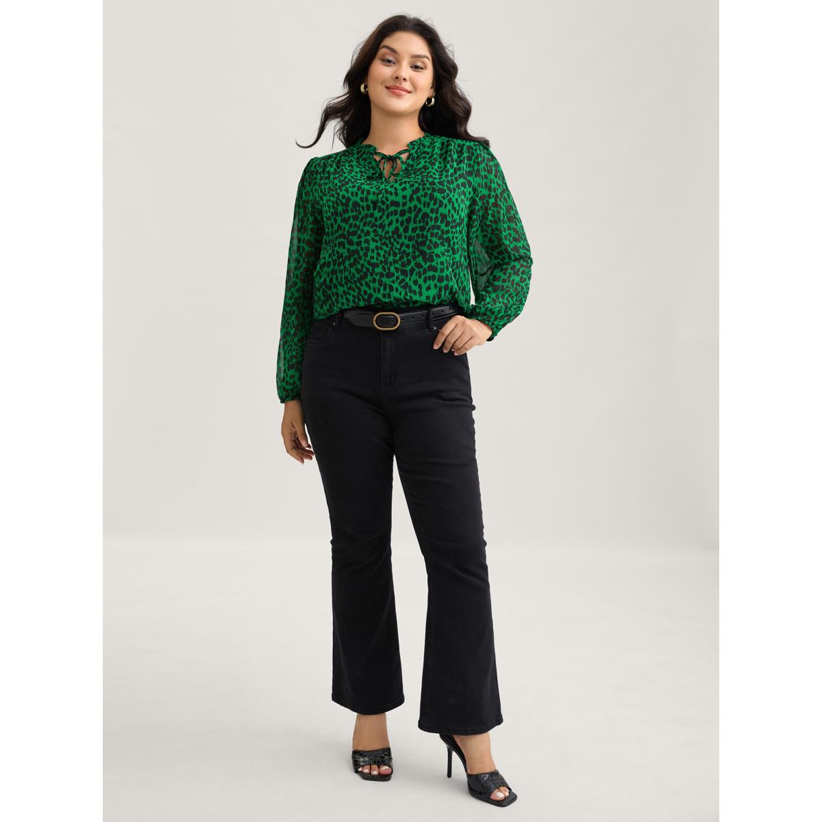 Plus Size DarkGreen Leopard Print Tie Knot Lantern Sleeve Blouse Women Romantic Long Sleeve V-neck Elegant Blouses BloomChic 30/6X Product Image
