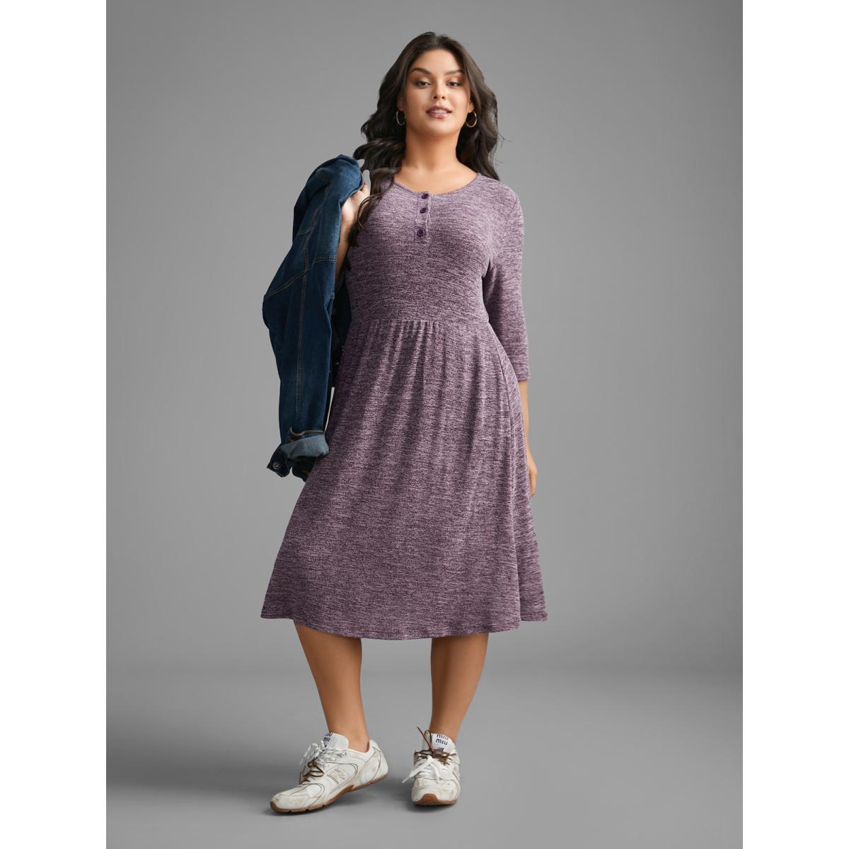 Plus Size Solid Heather Button Up Knit Dress Deeppurplered Women Casual Button Knit Dresses Bloomchic 28/5X Product Image