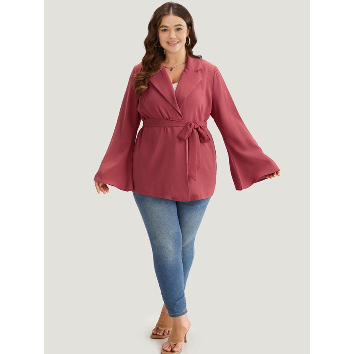 Plus Size Solid Bell Sleeve Belted Lapel Collar Blazer Russet Women Dailywear Plain Plain Bell Sleeve Long Sleeve Lapel Collar 14-16/1X Belt Casual Blazers BloomChic Product Image