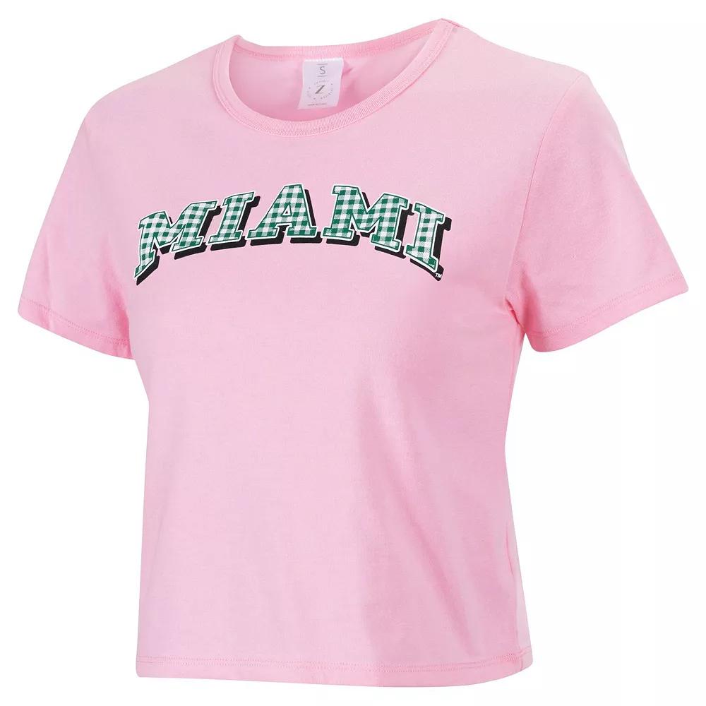 Women's ZooZatz Pink Miami Hurricanes Gingham Logo Cropped T-Shirt,  Product Image