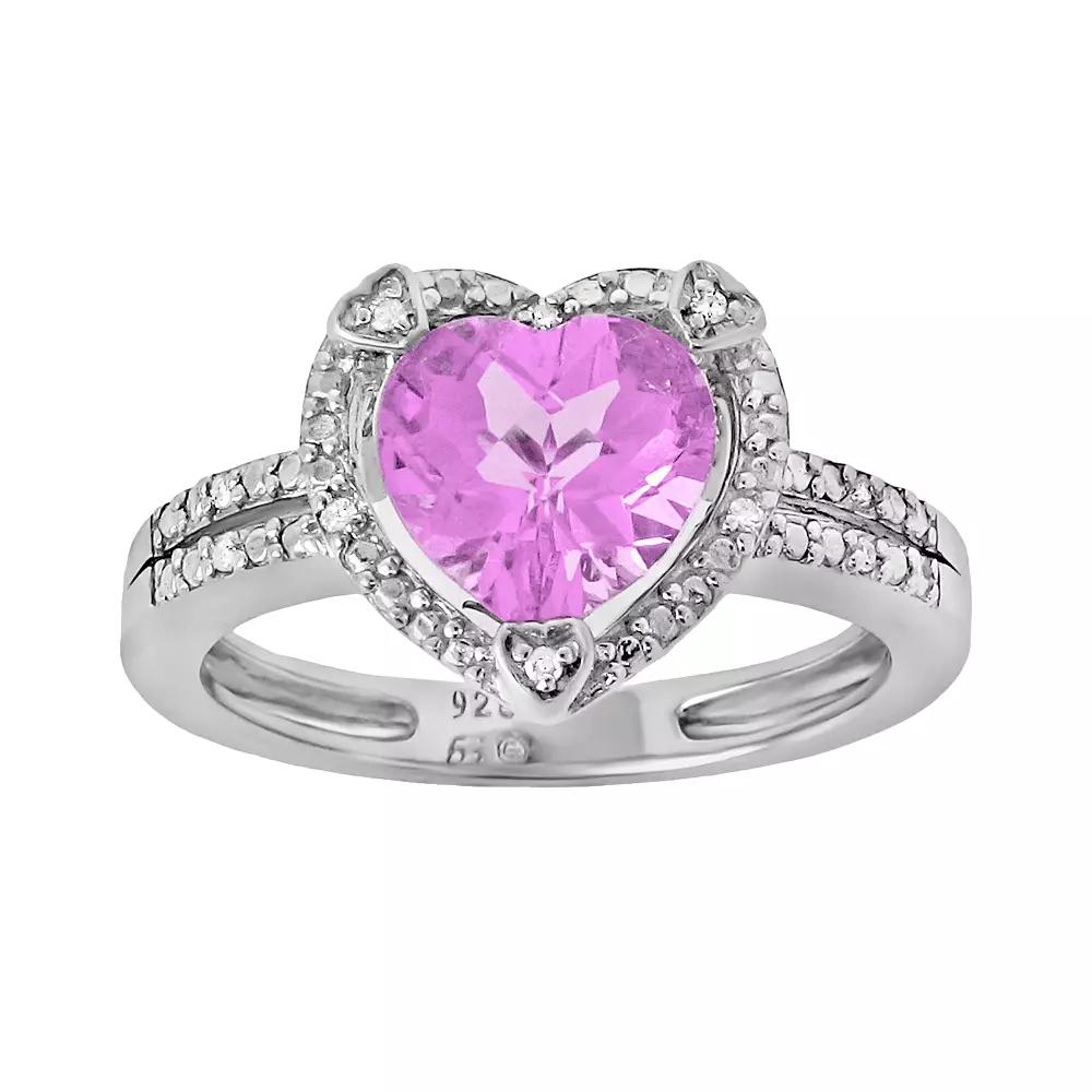 Gemminded Sterling Silver Lab-Created Pink Sapphire and Diamond Accent Heart Frame Ring, Women's, Size: 6, Pink Blue Product Image