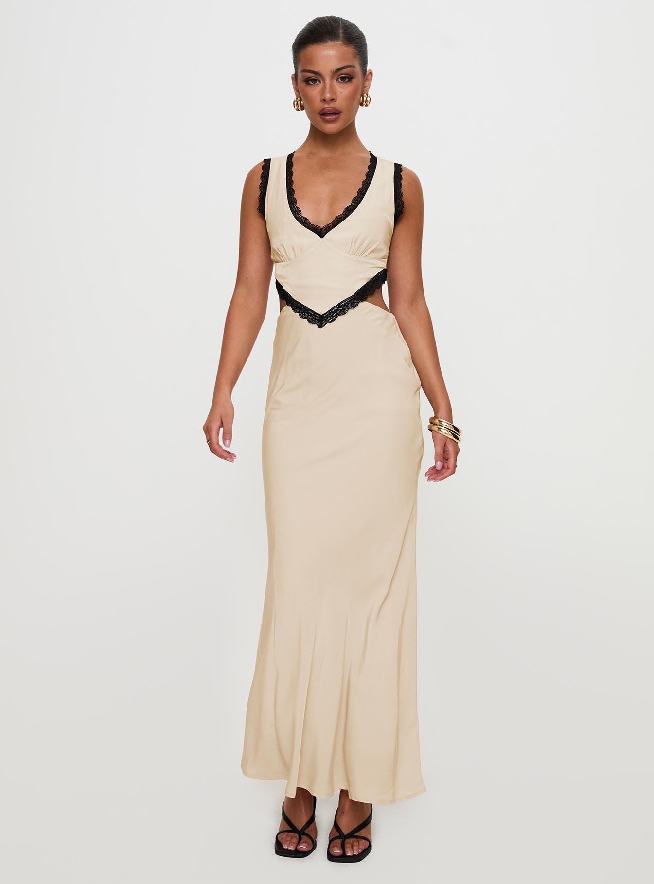 Keila Lace Trim Maxi Dress Cream / Black Product Image