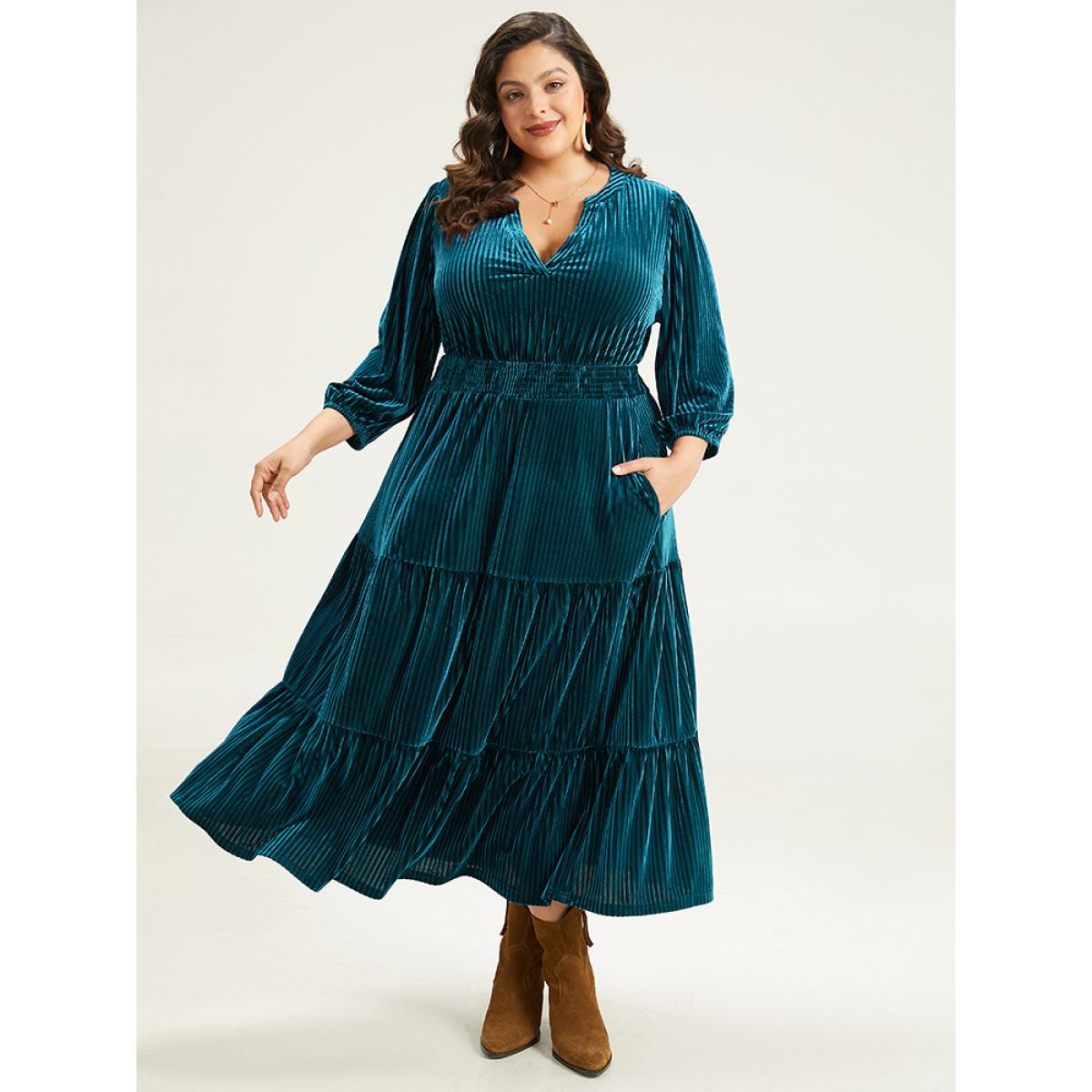 Plus Size Velvet Shirred Pocket Notched Dress Black Women Elegant Elastic cuffs Notched collar Elbow-length sleeve Curvy Midi Dress BloomChic 10/M Product Image