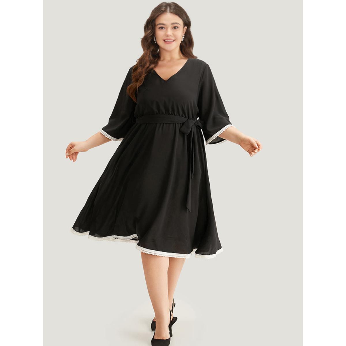 Plus Size V Neck Pocket Patchwork Contrast Belted Dress Black Women Elegant Plain V-neck Elbow-length sleeve Curvy Midi Dress BloomChic 14-16/1X Product Image
