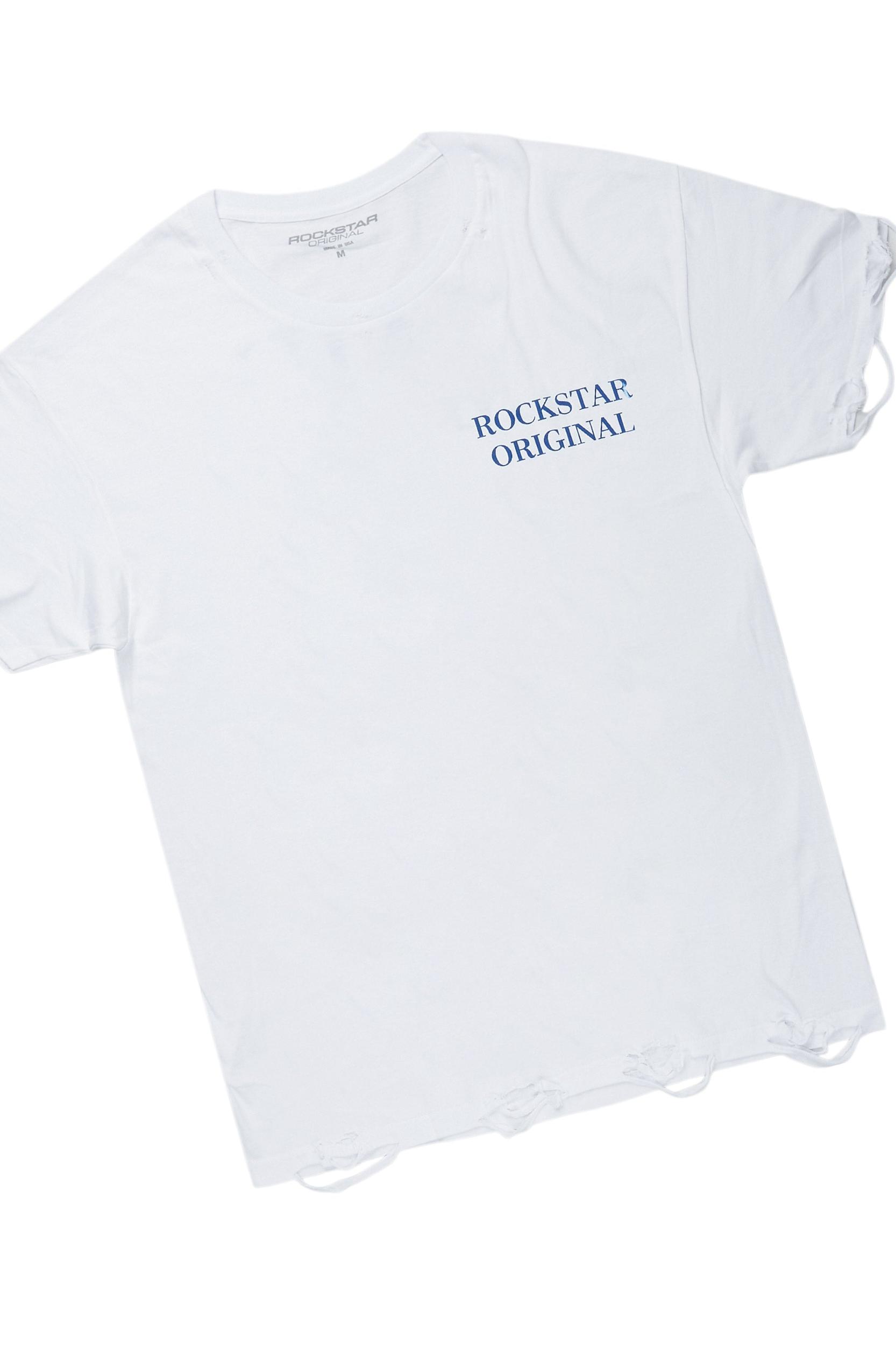 Drako White/Blue Oversized Graphic T-Shirt/Dag Stacked Flare Jean Set Male Product Image