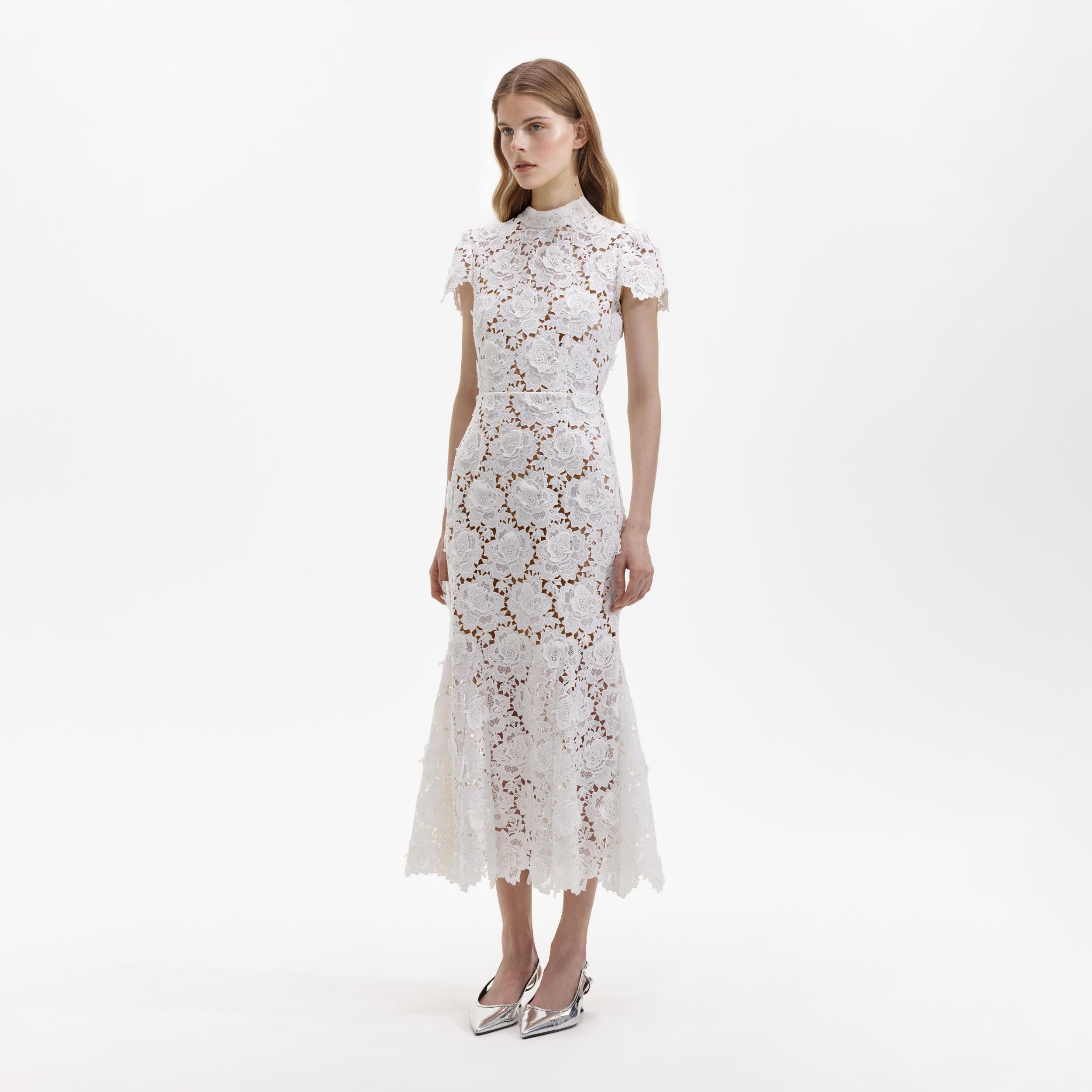 White Flower Lace Midi Dress Product Image