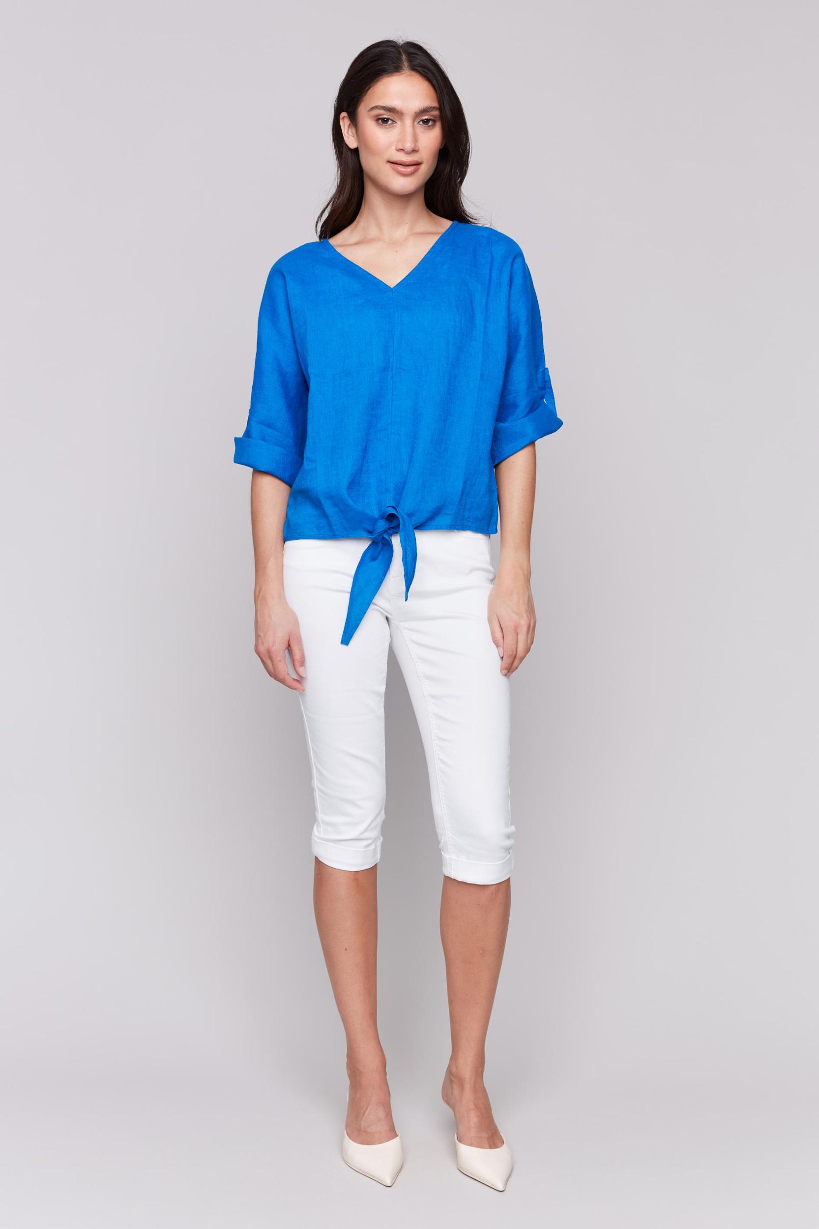 Dolman 3/4 Roll Up Sleeves Blouse with Front Tie Product Image