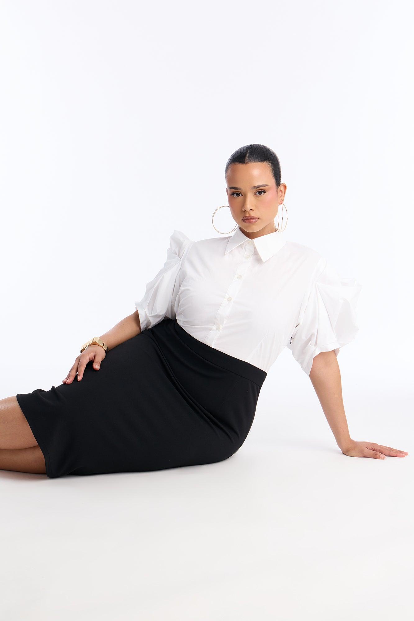 Send The Funds Collar Midi Dress - White/Black Product Image