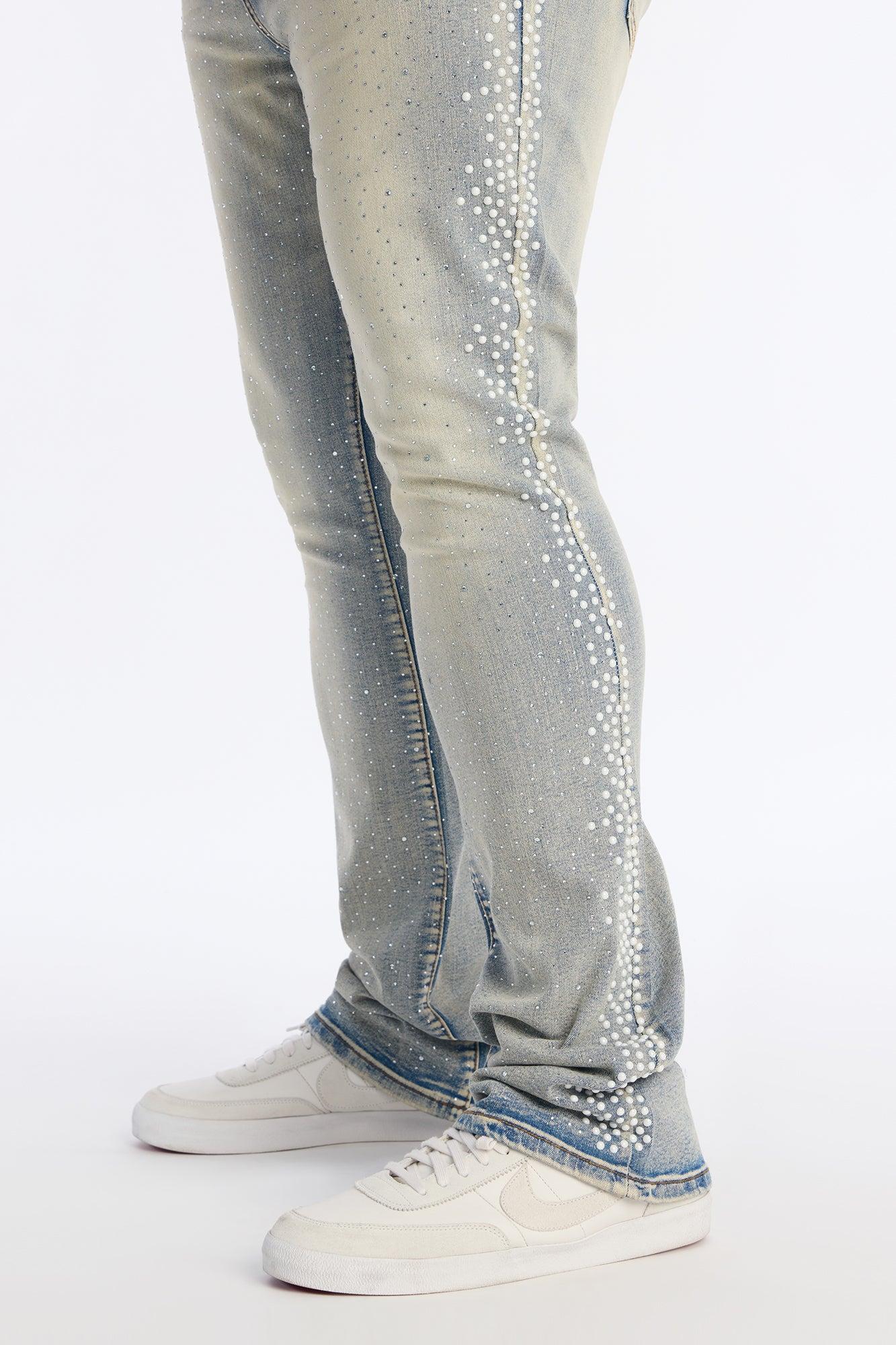 Stacked Skinny Flare Fancy Me Pearls With Jewel Jean - Medium Wash Product Image