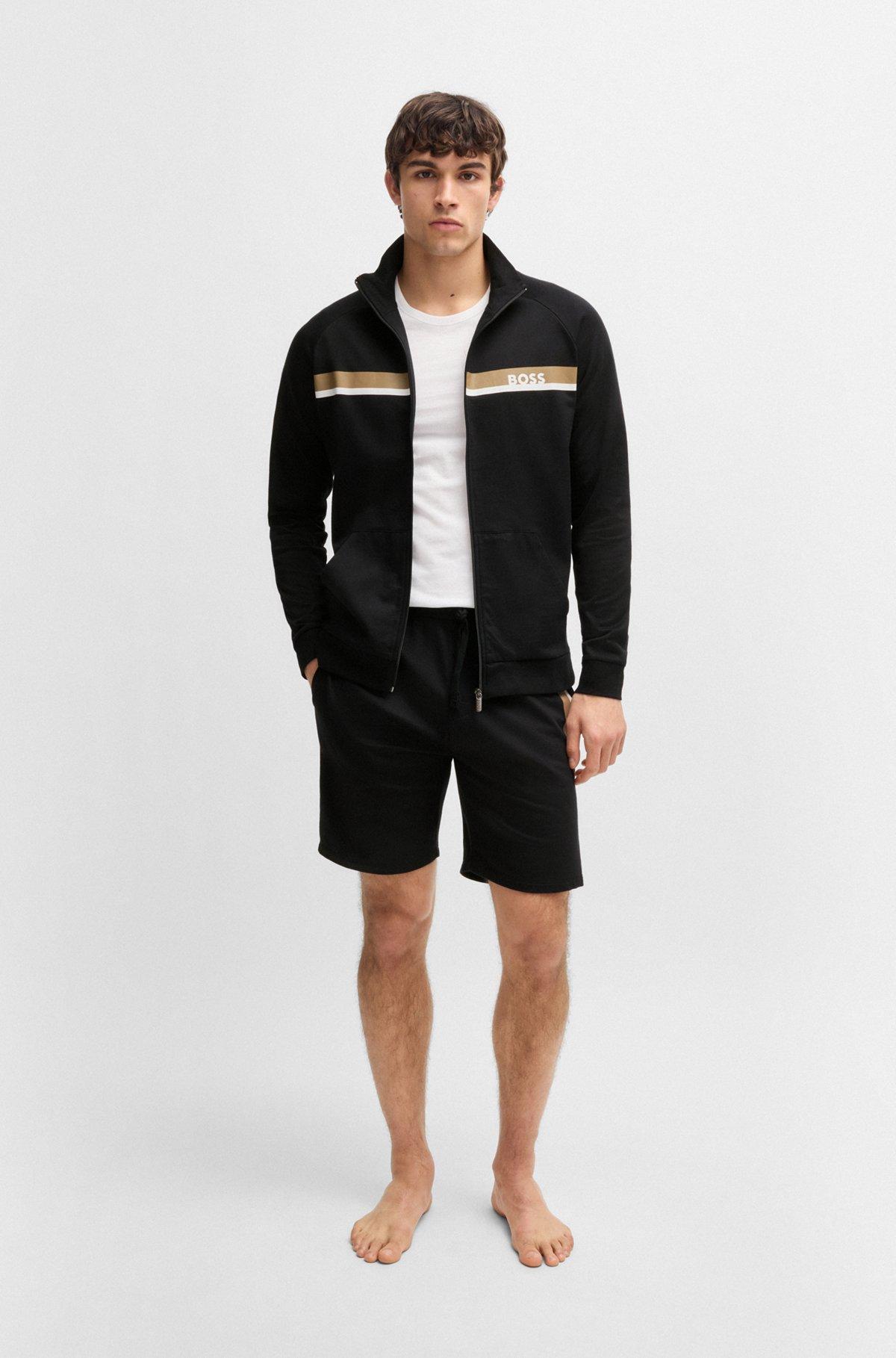 BOSS - Cotton-terry shorts with stripe print - Black Product Image