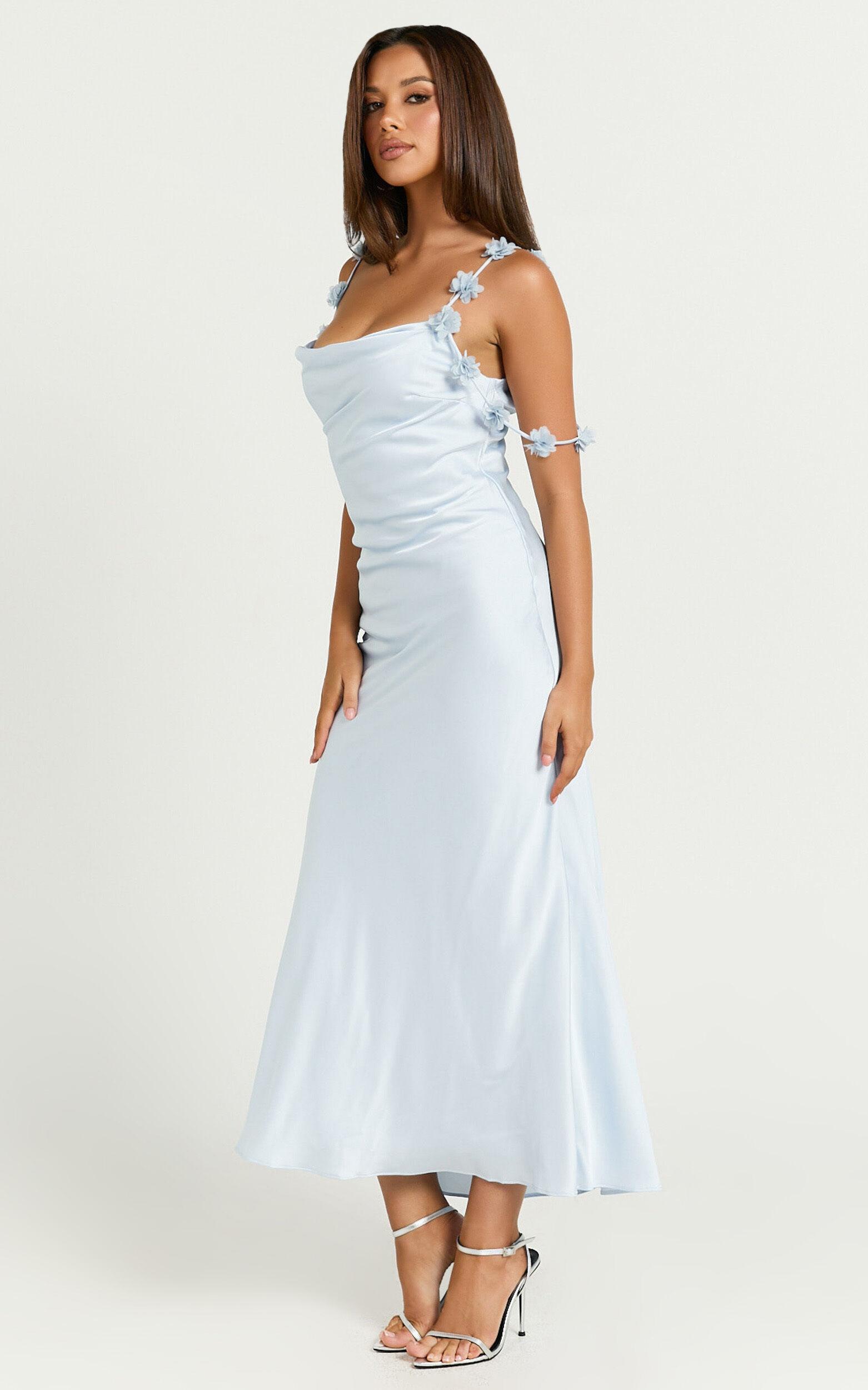 Lyka Midi Dress - Floral Straps Satin Dress in Light Blue Product Image