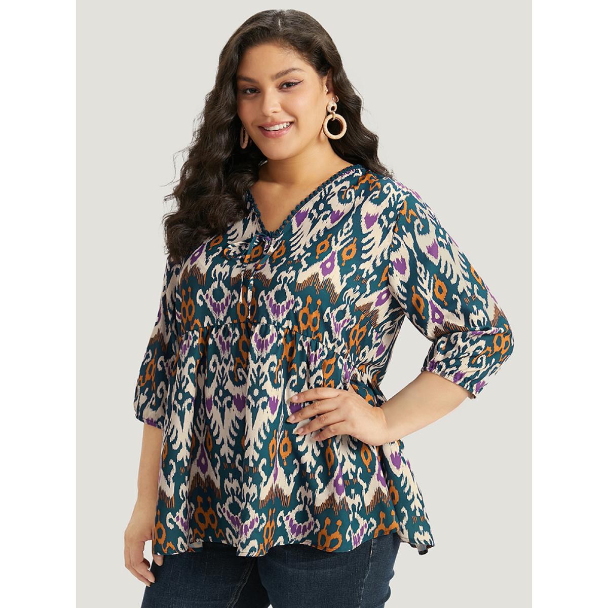 Plus Size Cyan Bandana Print Ties Pompom Trim Blouse Women Vacation Elbow-length sleeve V-neck Dailywear Blouses BloomChic 18-20/2X Product Image