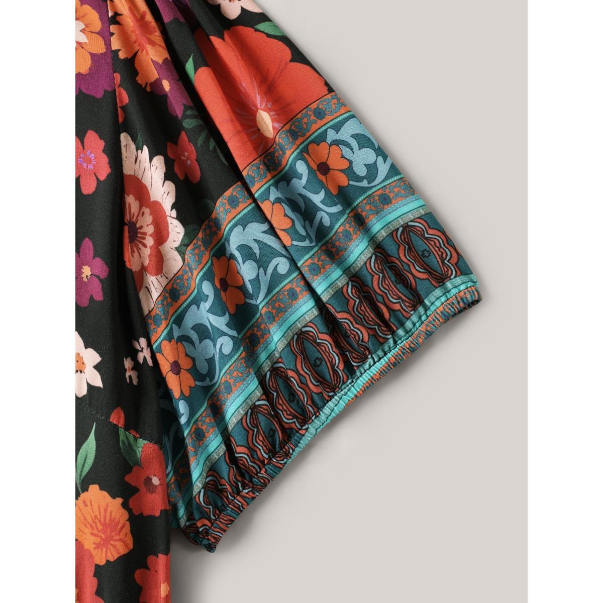 Plus Size Colorful Floral Print V-Neck Midi Dress Black Women V-neck Sleeveless Curvy BloomChic 28/5X Product Image