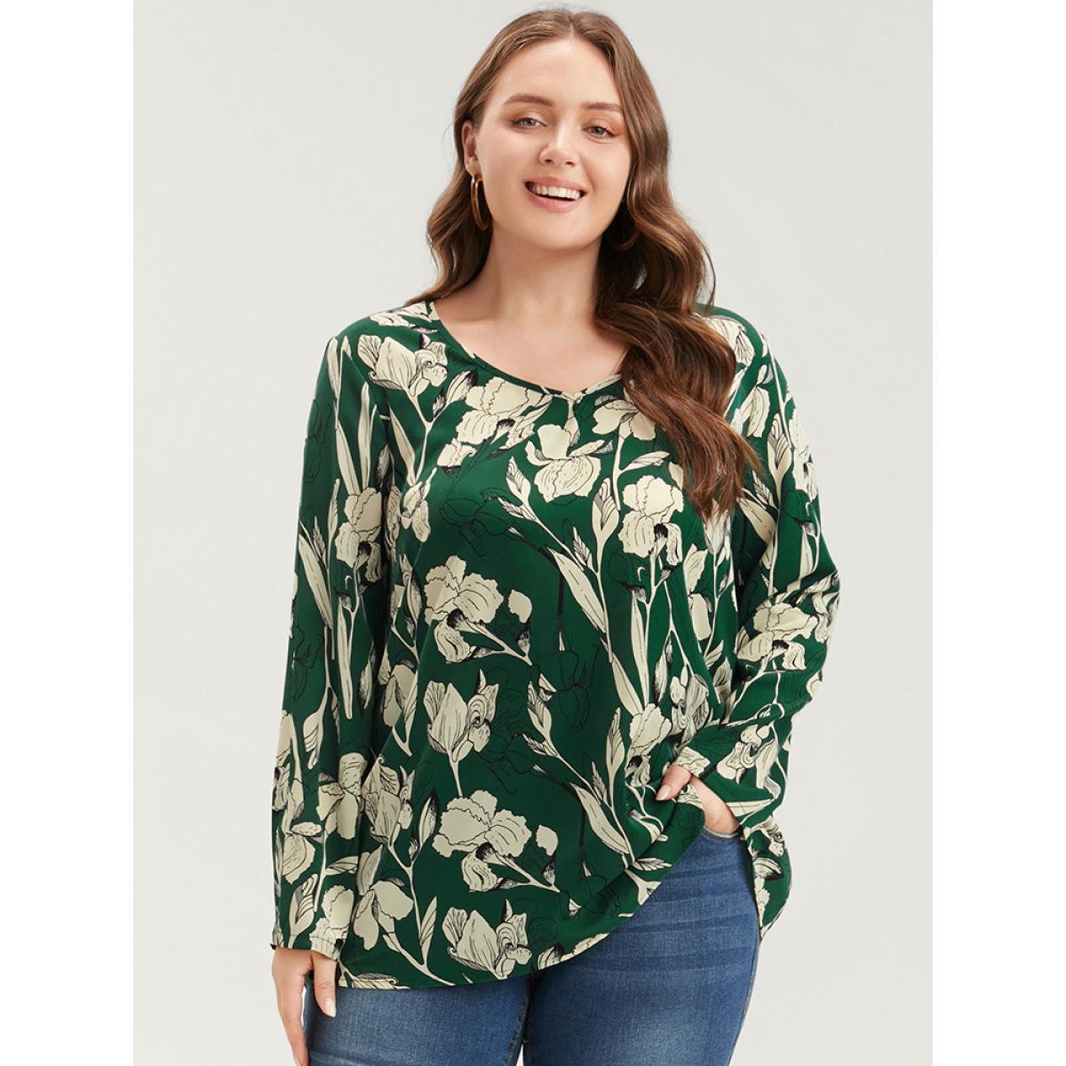 Plus Size Emerald Floral Printed V Neck Blouse Women Elegant Long Sleeve V-neck Dailywear Blouses BloomChic 26/4X Product Image