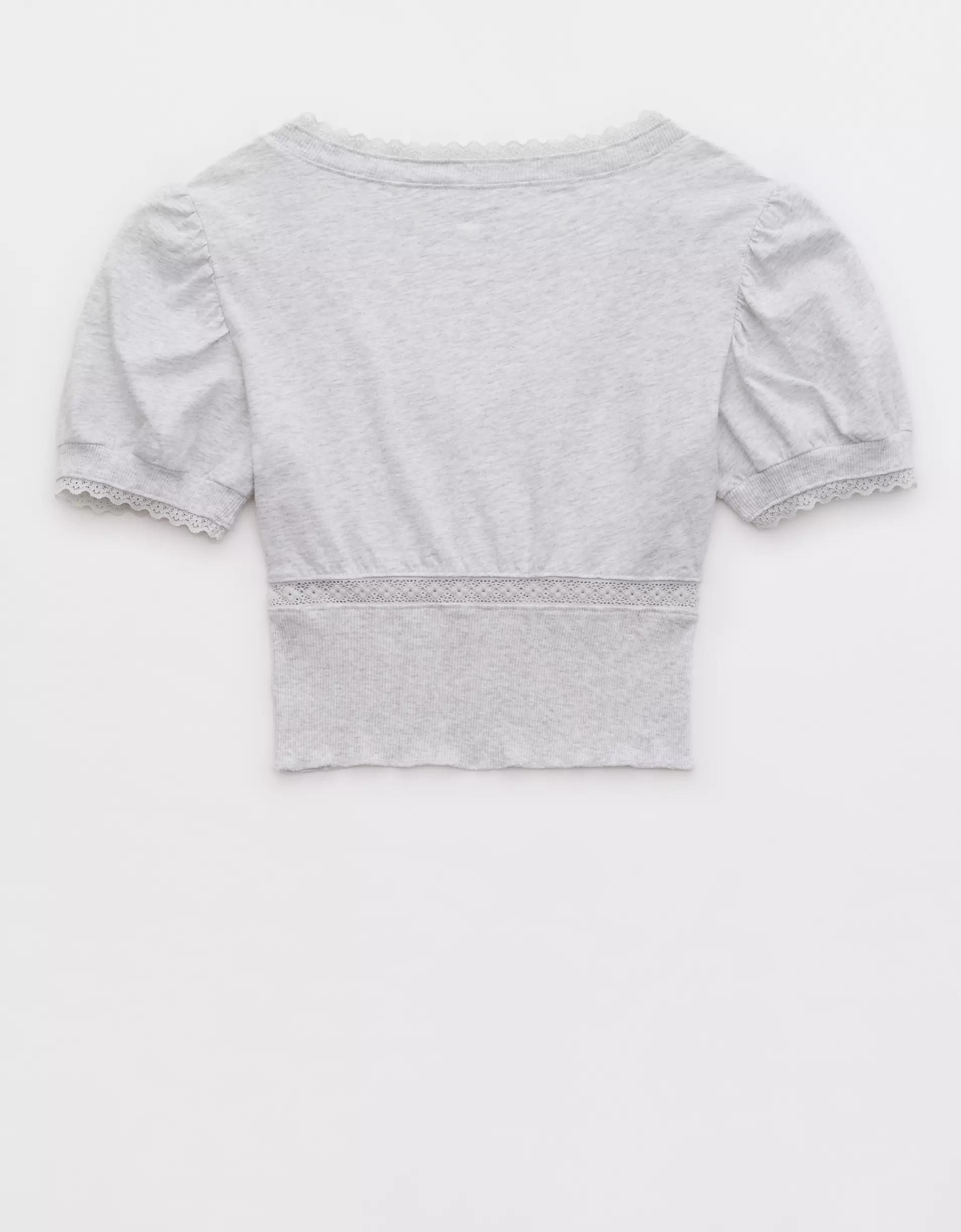 Aerie Cropped Lace Trim V-Neck T-Shirt Product Image