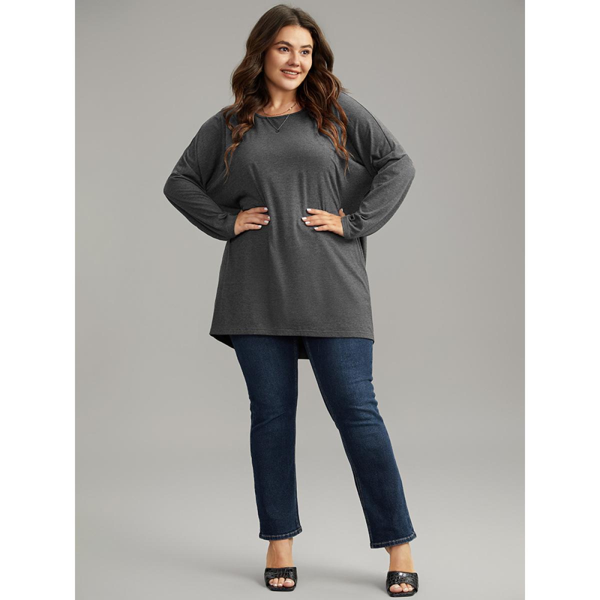 Plus Size Supersoft Essentials Solid Drop Shoulder T-shirt DimGray Women Elegant Plain Plain Round Neck Dailywear T-shirts BloomChic 10/M Product Image