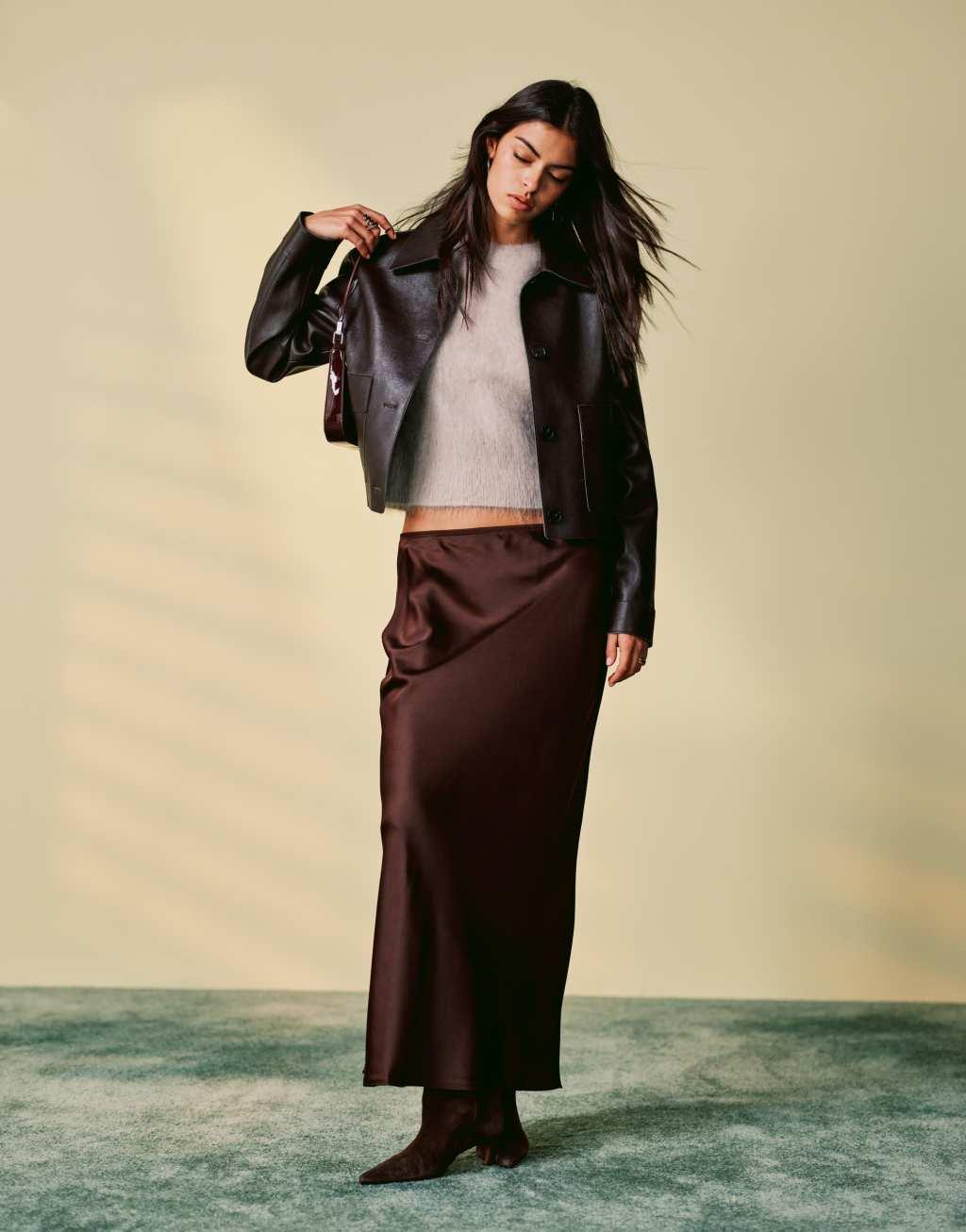 Mango satin midi skirt in brown Product Image