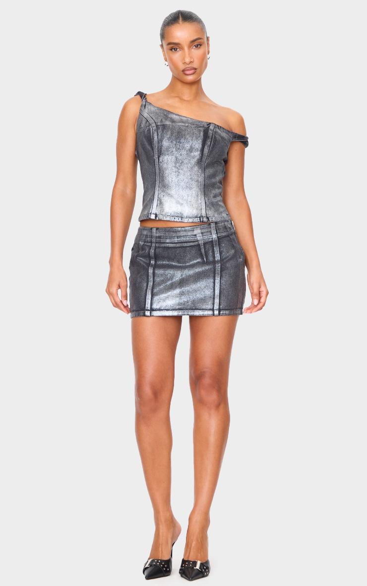 Black Silver Metallic Foil Effect One Shoulder Denim Top Product Image