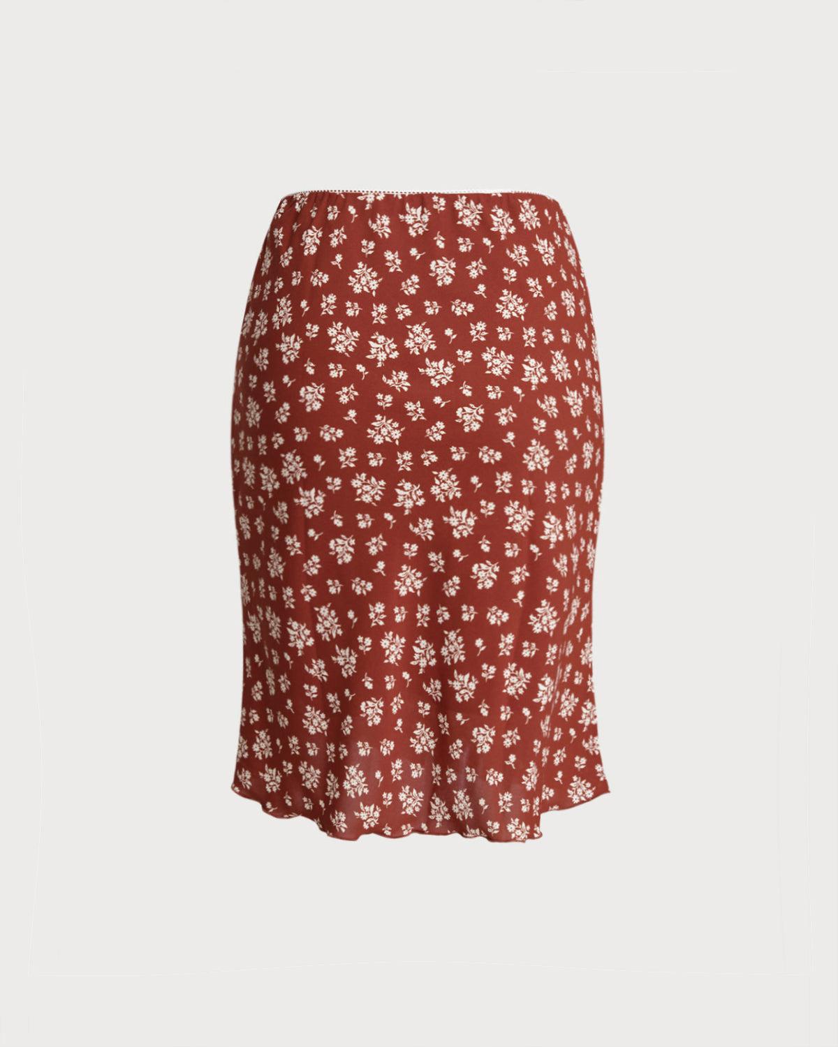 Red Floral Straight Knee-Length Skirt Product Image