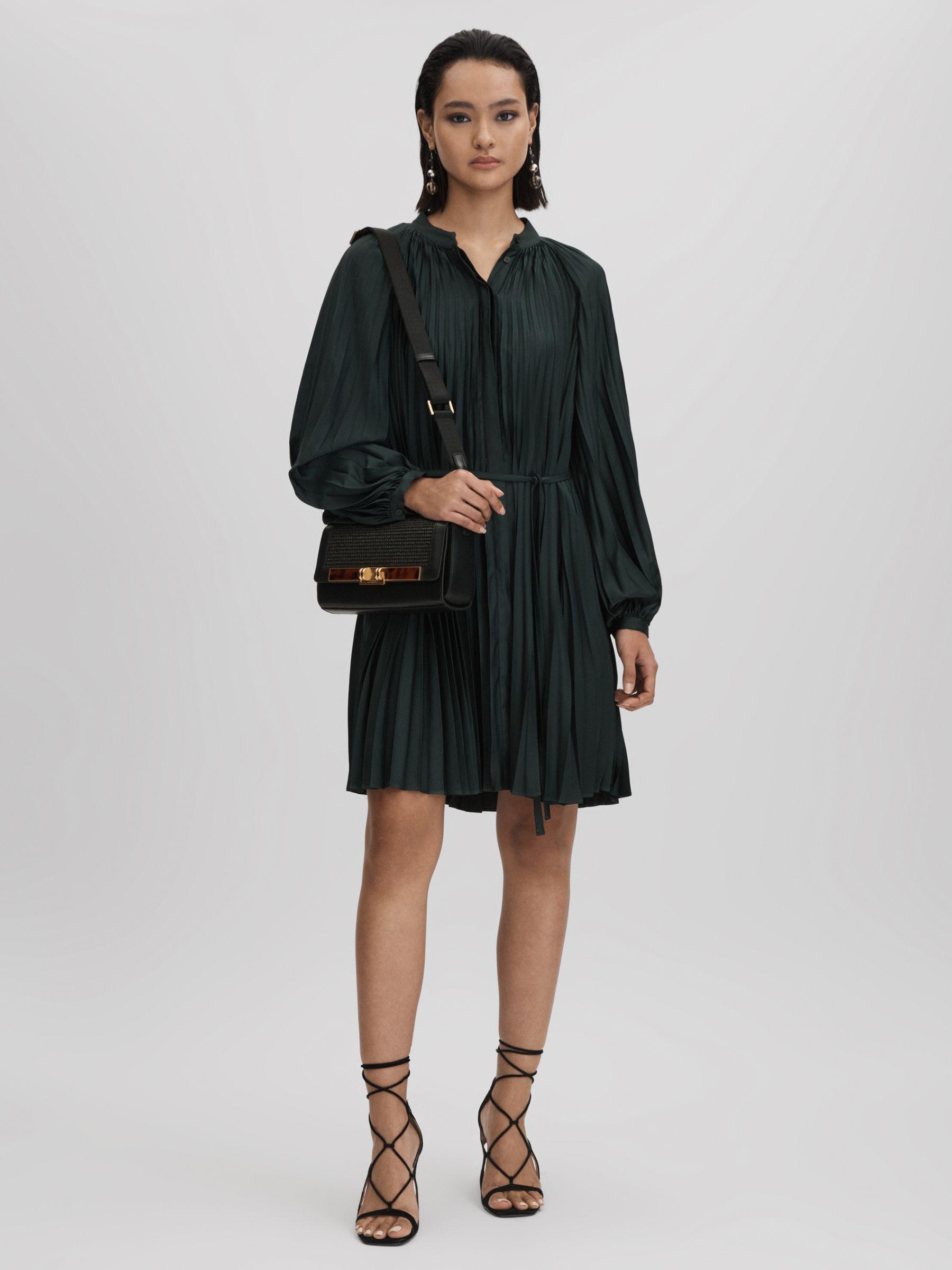 Pleated Belted Mini Dress in Green Product Image