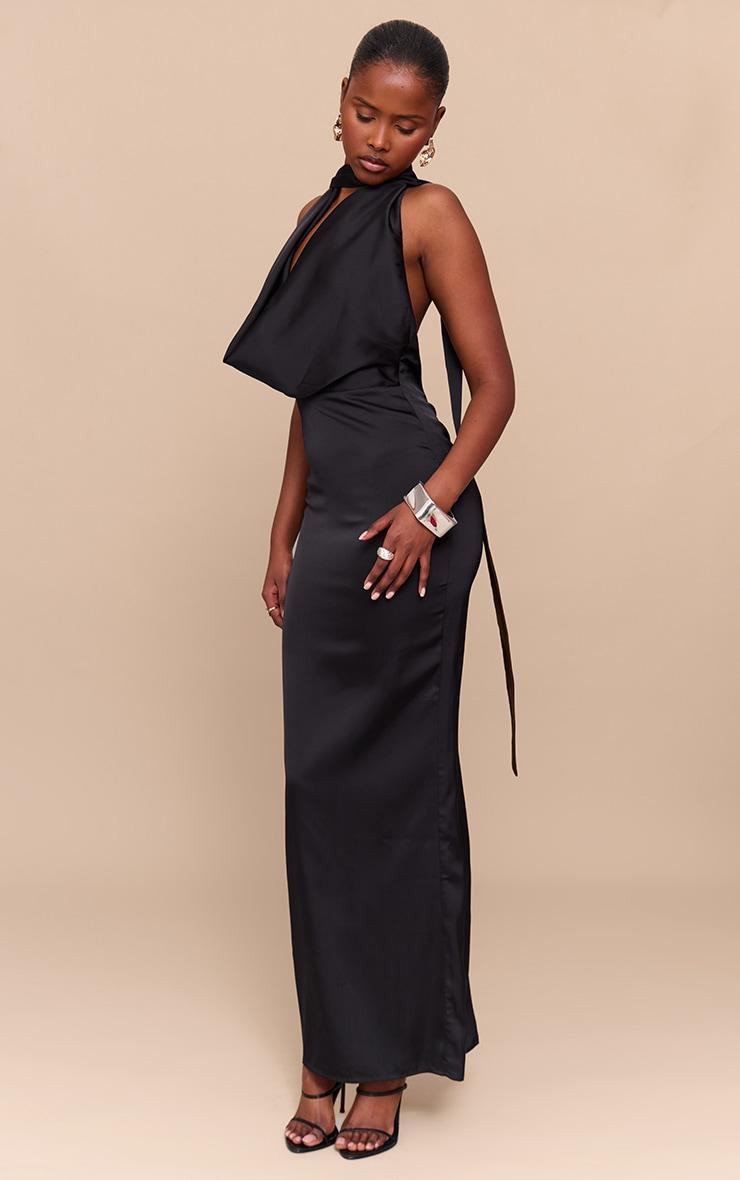 Black Satin Cowl Neck Drape Maxi Dress Product Image